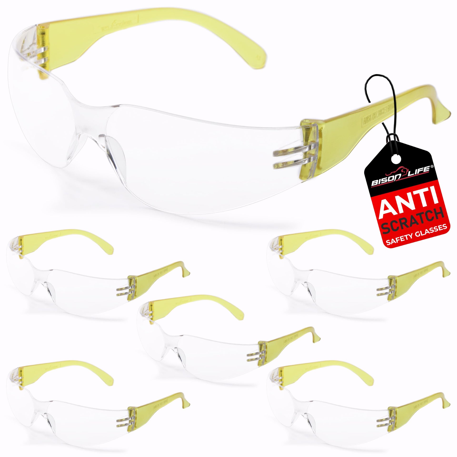 Clear Lens Yellow Temple Safety Glasses Bulk 6 Pack (6 Count)