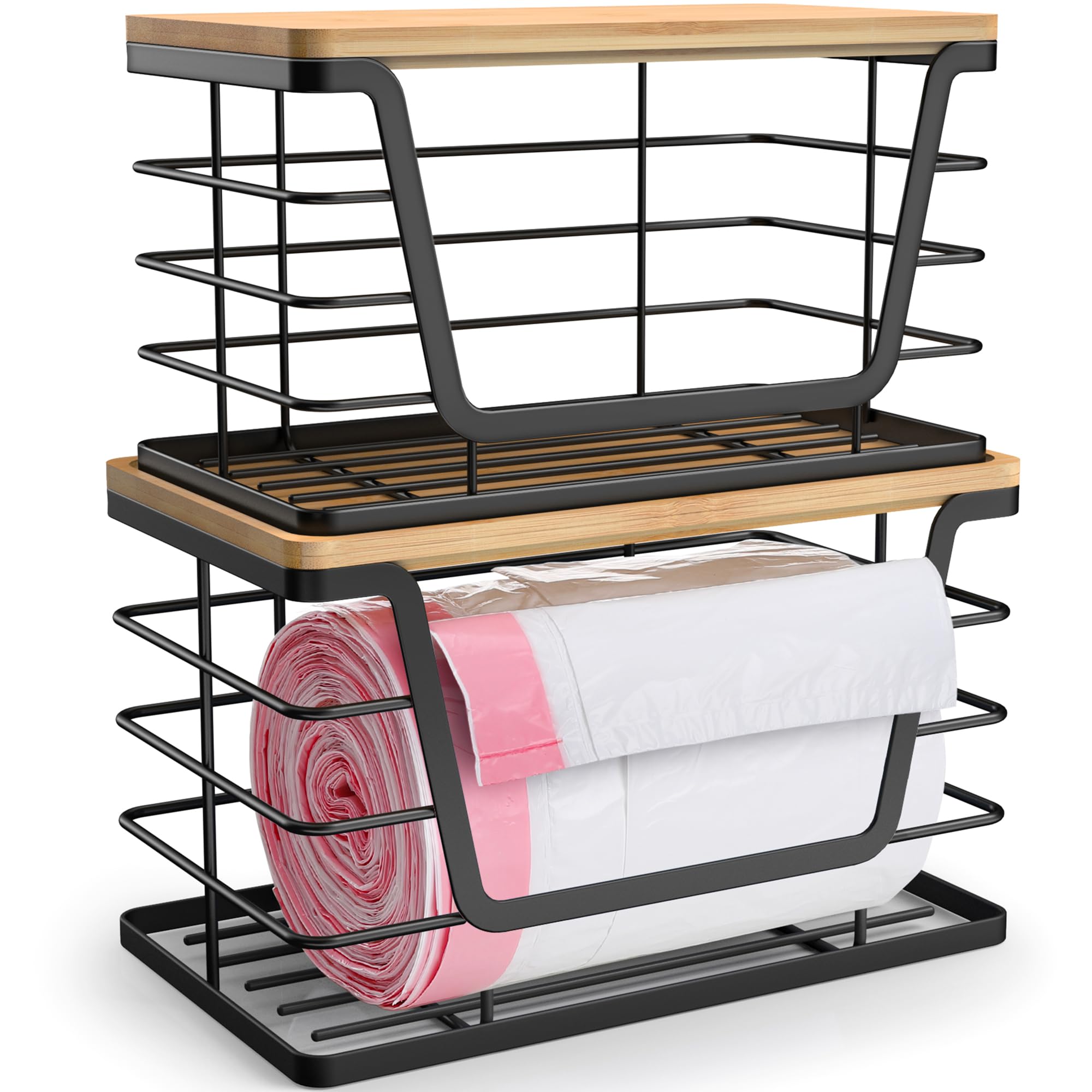 2 Pack Storage Stackable Kitchen Laundry Organizers with Bamboo Top (2 Count)
