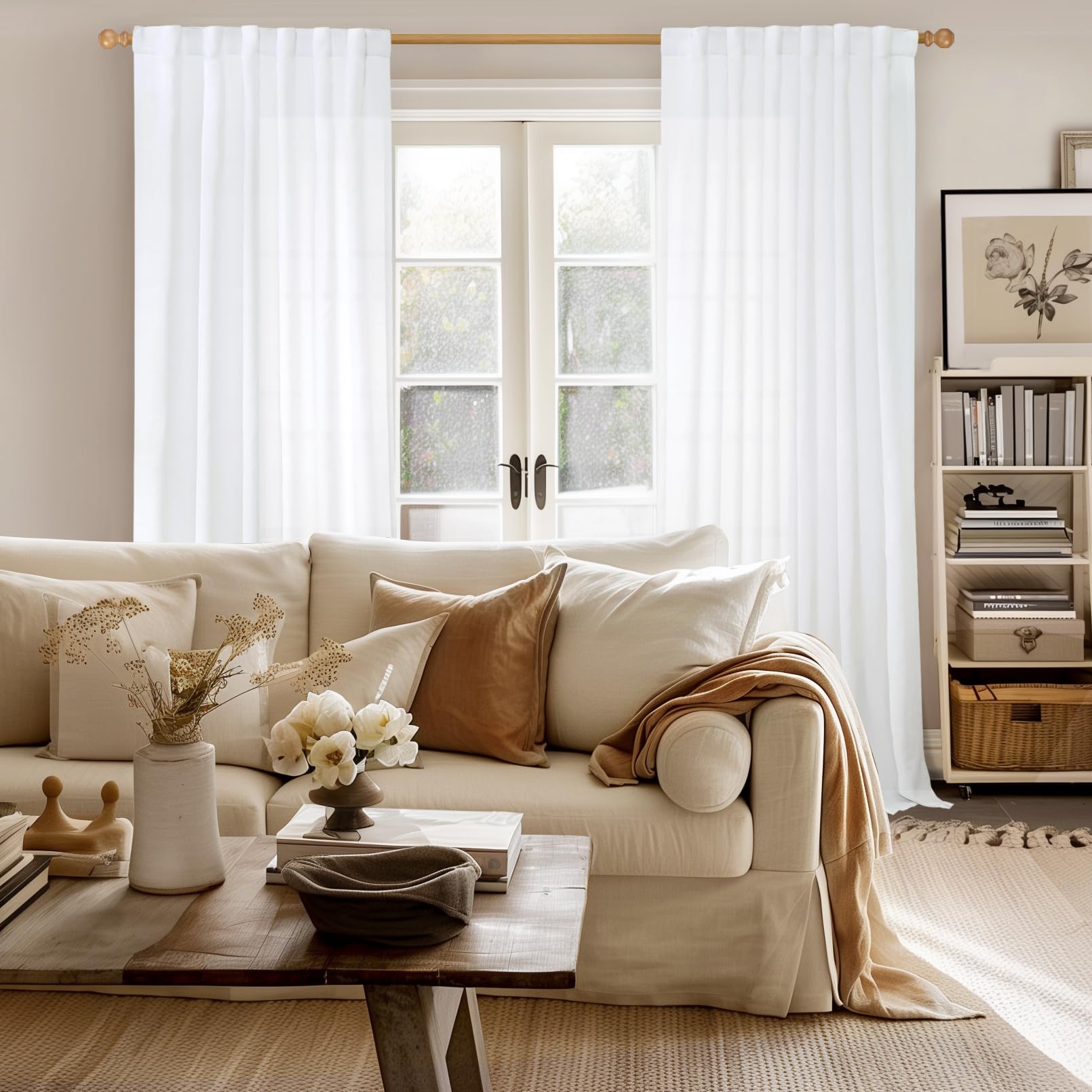 White Linen Semi Sheer Curtains 95 Inches Long 2 Panels Set