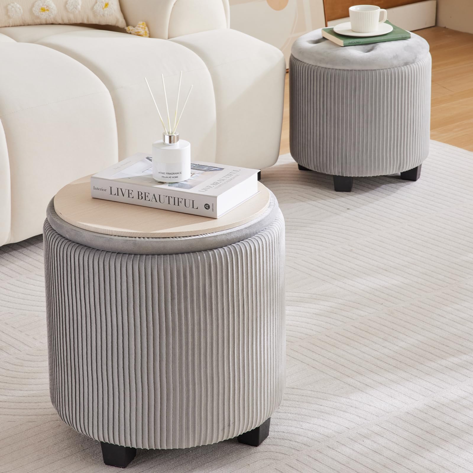 Tufted Ottoman Set of 2 Large Round Velvet Storage Ottoman Gra (2 Count)