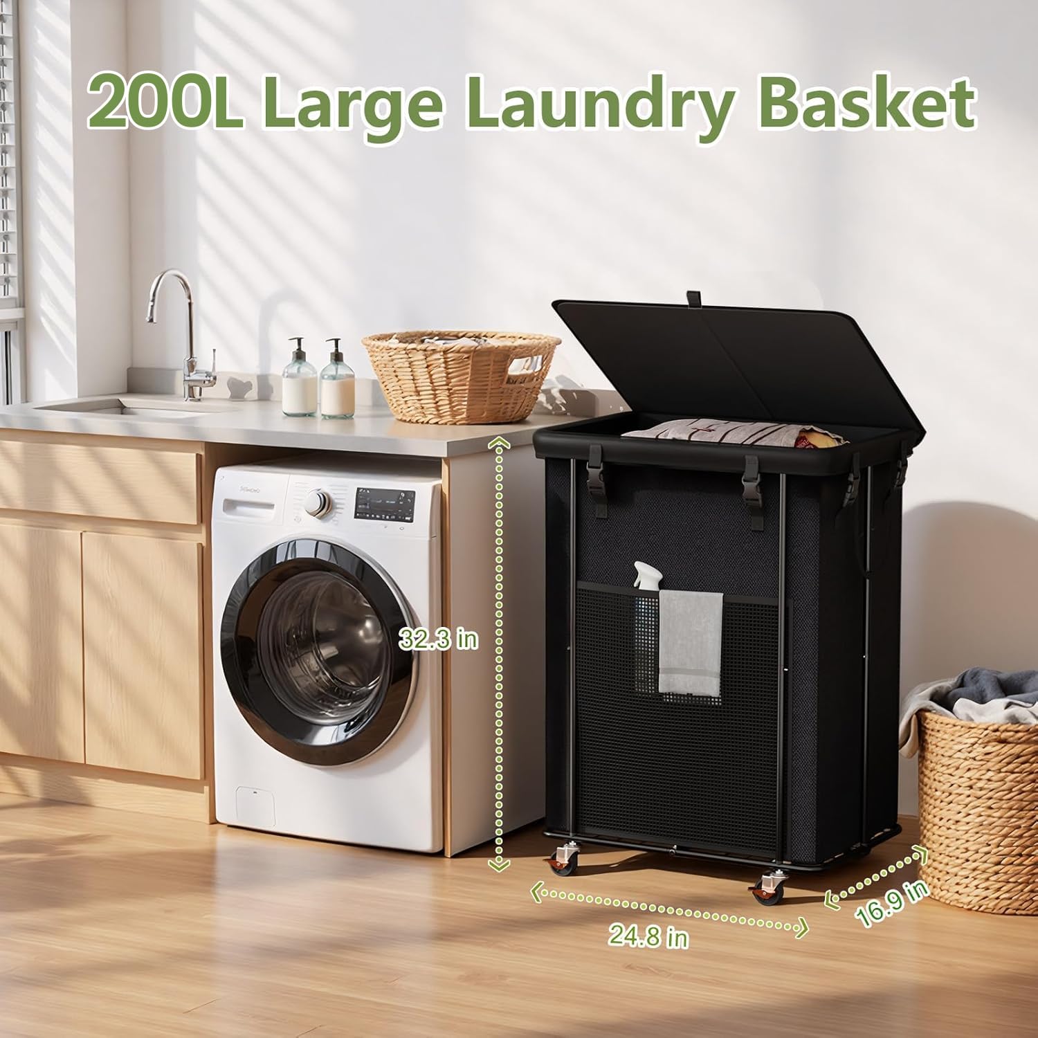 220L Laundry Hamper with Lid & Wheels