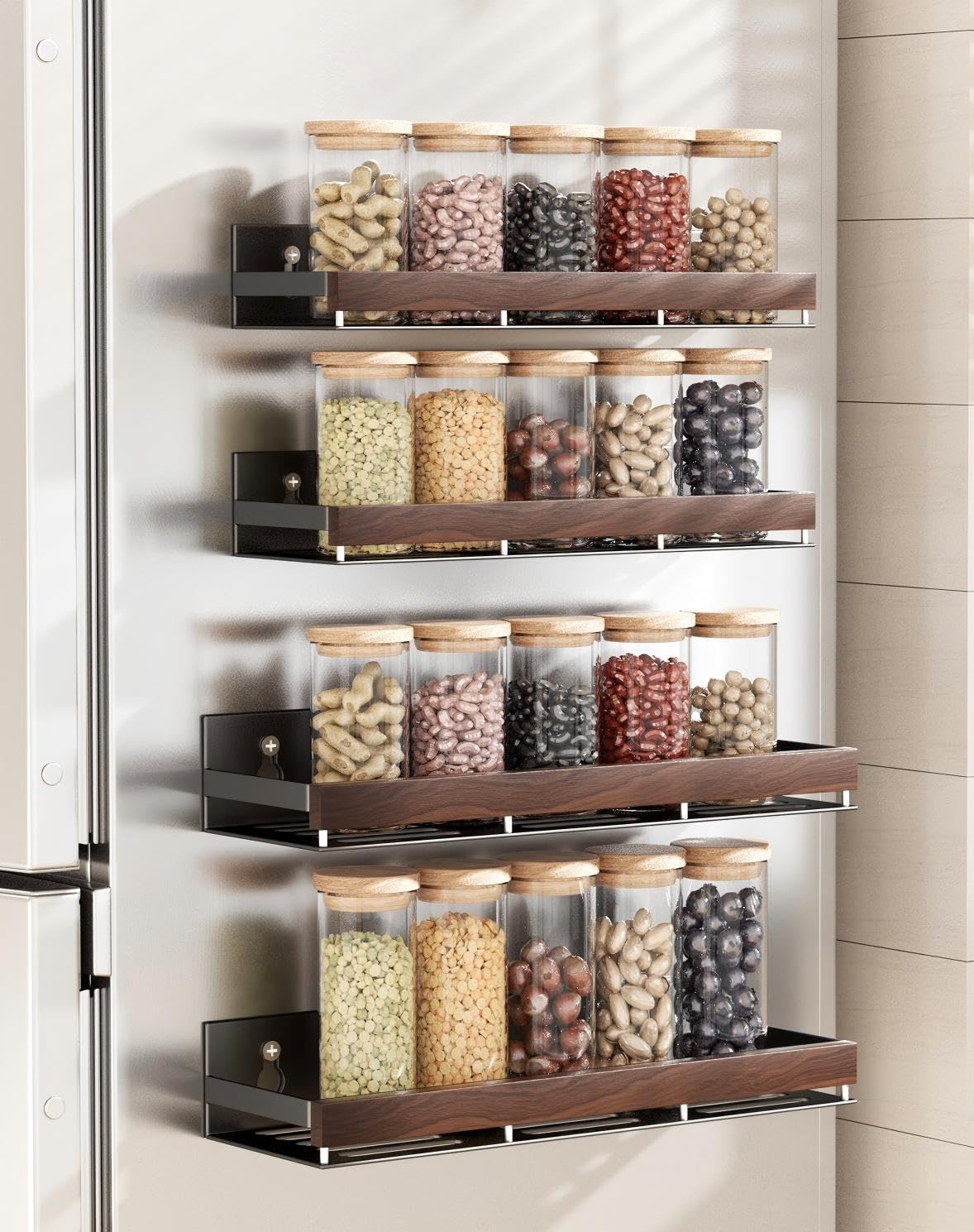 Walnut Magnetic Spice organizer for Refrigerator Wall Mount Spice Rack Magnetic Fridge Shelf Spice Jar Seasoning Organizer (2 Count)