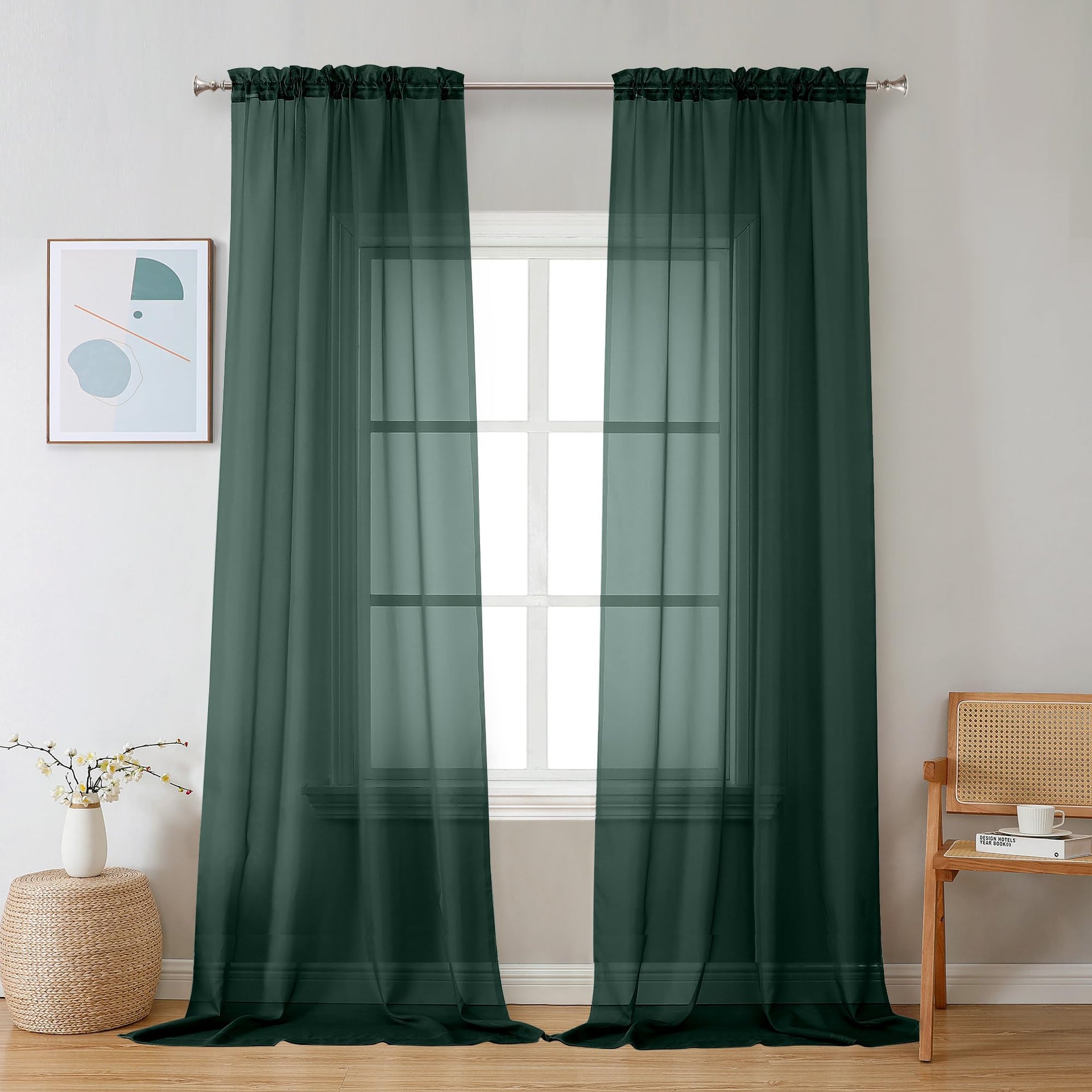 Sheer Hunter Green Curtains 90 inches Long 2 Panels