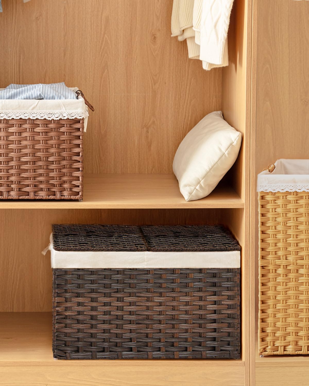 Storage Basket with Lid PE Rattan Storage Basket 105L