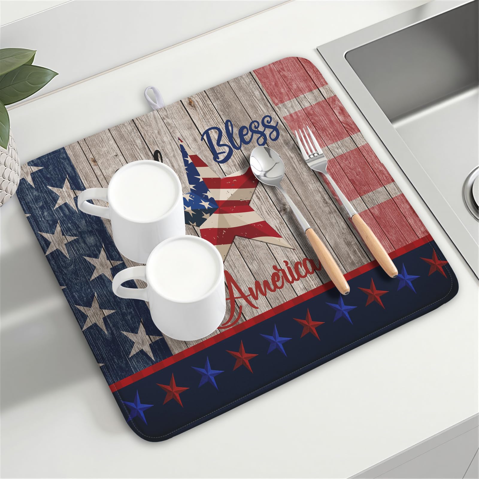 4th of July Dish Drying Mat 16x18 Inch Patriotic God Bless America Memorial Kitchen Mats Independence Day Absorbent Dishes Pad for Kitchen Counter USA Star Drying Mat Home Decor for Countertop
