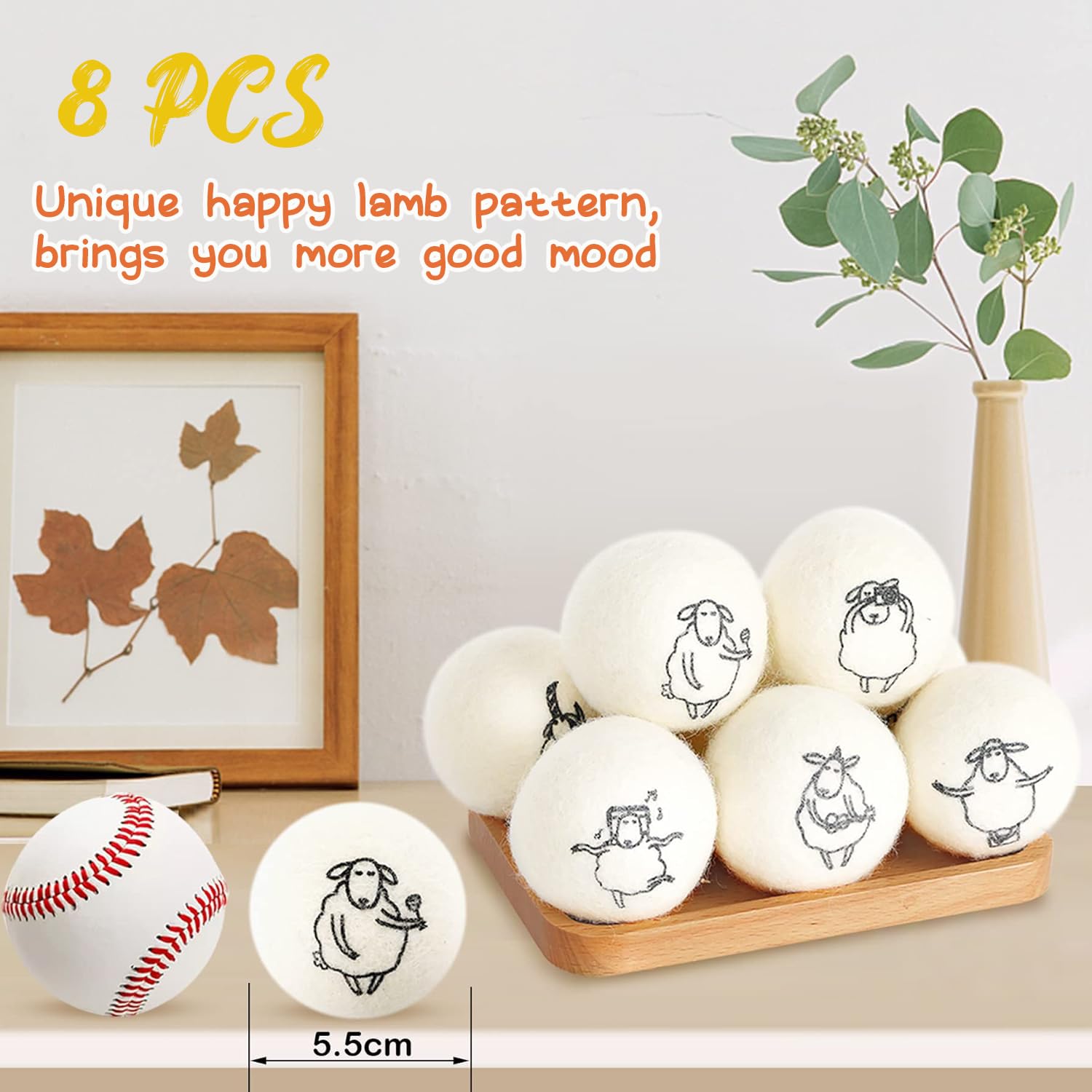 8PCS Wool Dryer Balls with Happy Sheep (8 Count)