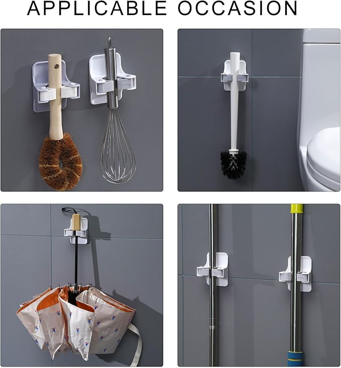 Set of 4 Wall Mounted Mop Grippers No Drilling Broom Holders Mop Handle Hanger Space Saving Tool Organizers Kitchen Organization