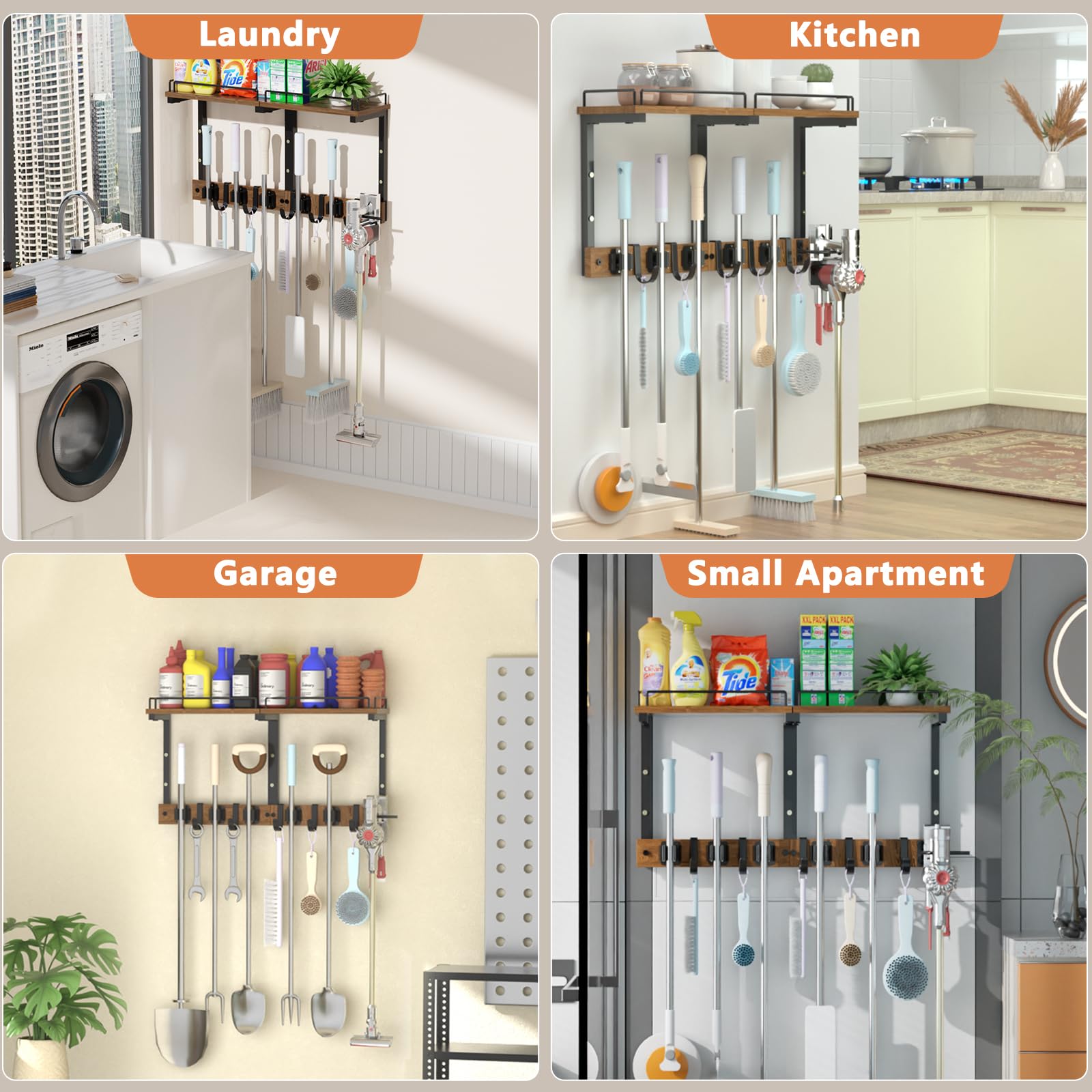 Broom and Mop Organizer Wall Hanging with Cleaning Supplies Organizer