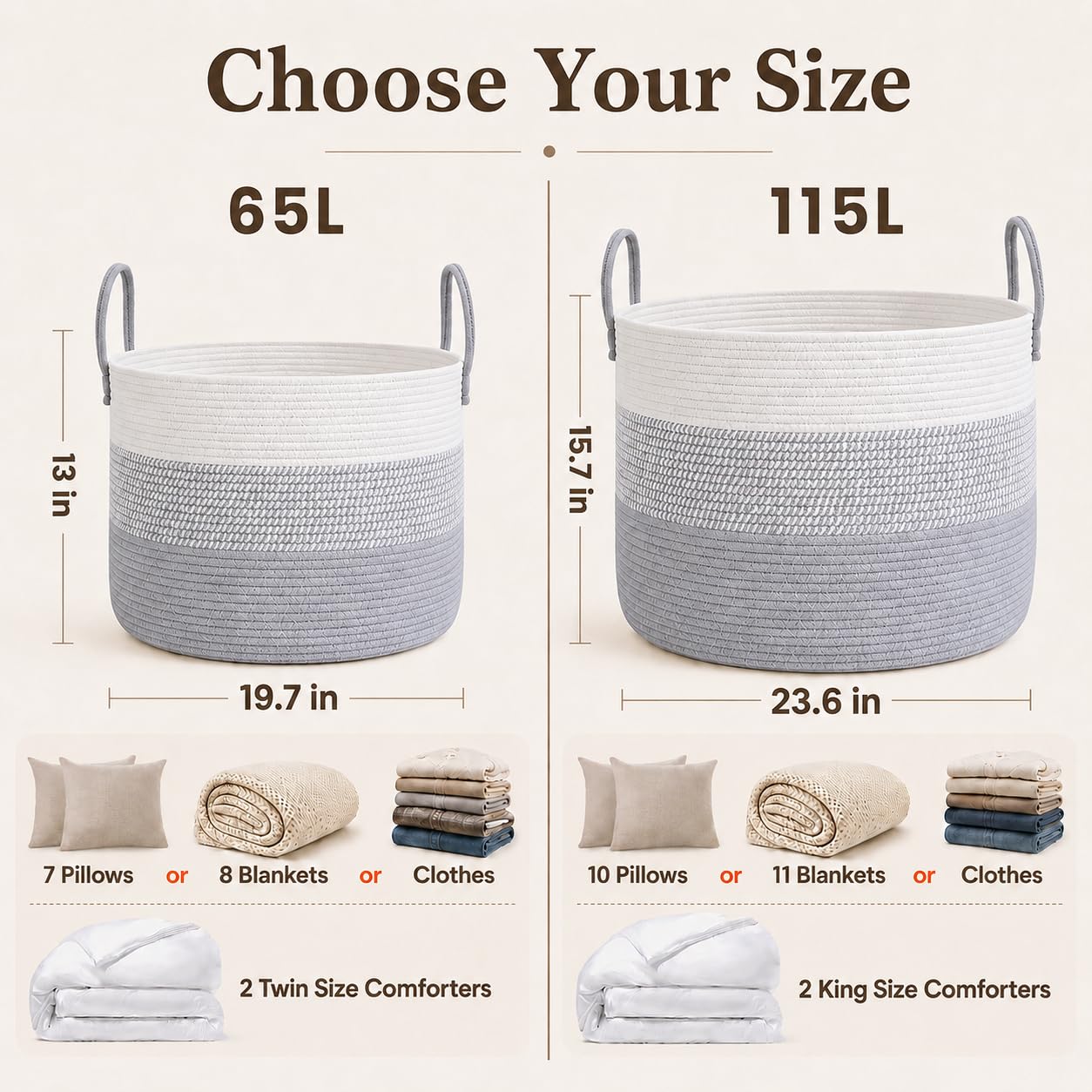 65L Extra Large Machine Washable Cotton Rope Blanket Basket