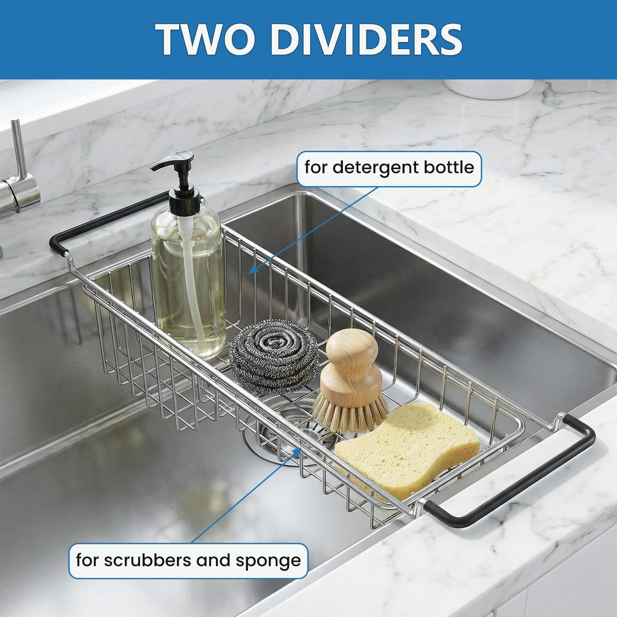 Over The Kitchen Sink Caddy Sponge Holder Organizer Drying Rack Expandable for Sponge Brush Soap 13.8" to 20.8"