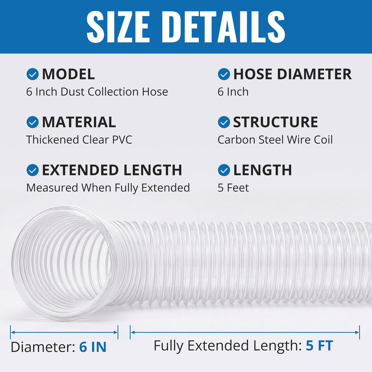 6" x 5' PVC Dust Collection Hose