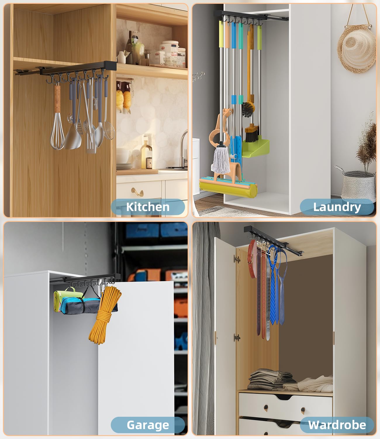 Pull Out Broom Holder With Adjustable Double Row Sliding Hook