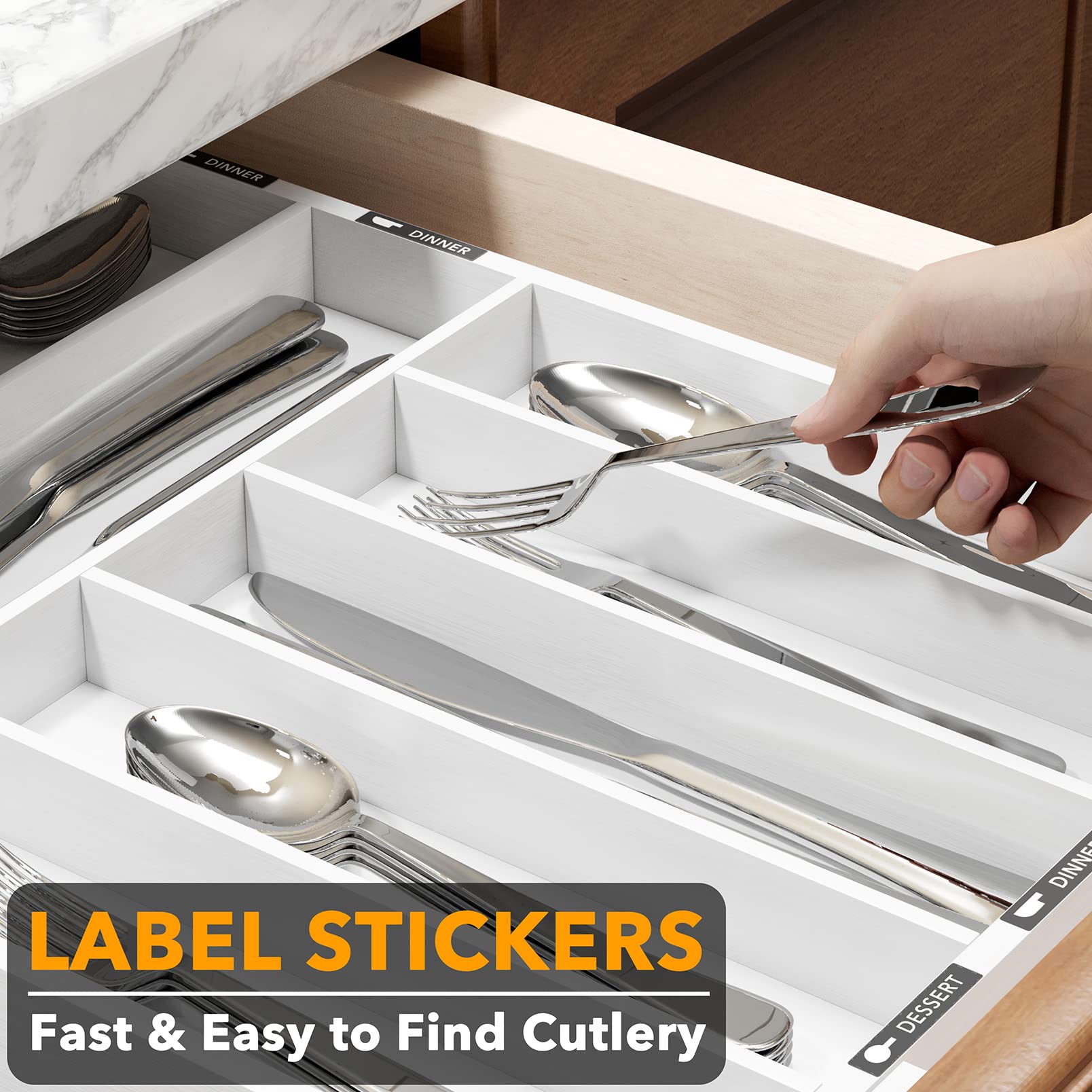 Bamboo Silverware Drawer Organizer with Labels
