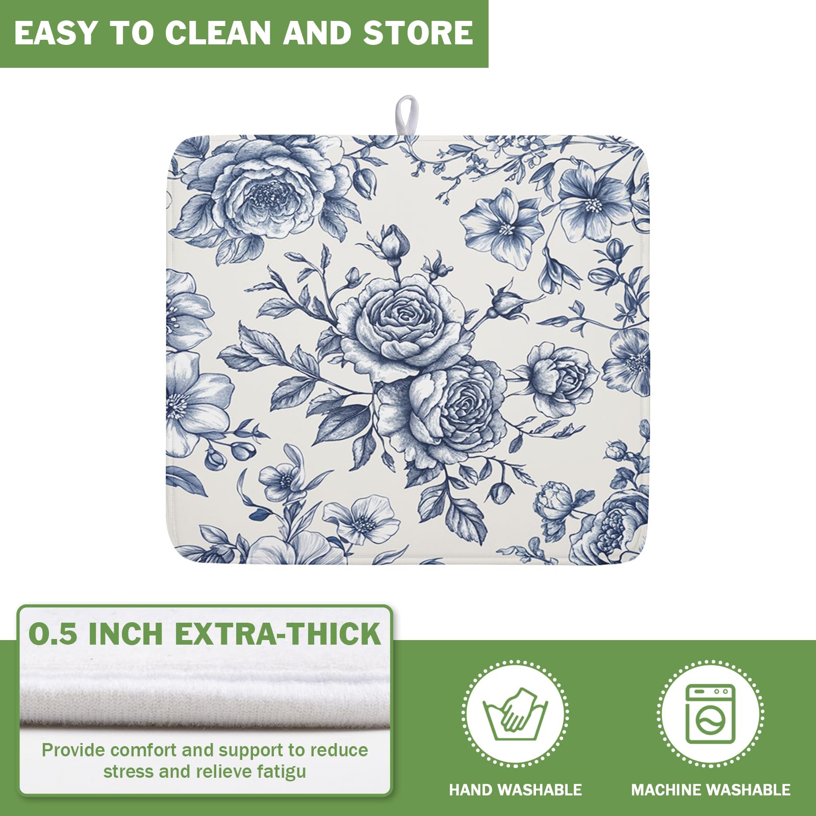 Vintage Floral Dish Drying Mat for Kitchen Counter Blue Floral Chinoiserie Pattern Dish Drying Pad 16x18 In Absorbent French Farmhouse Decor Dishes Drainer Pad Dish Dry Rack Mat for Counter Coffee Bar