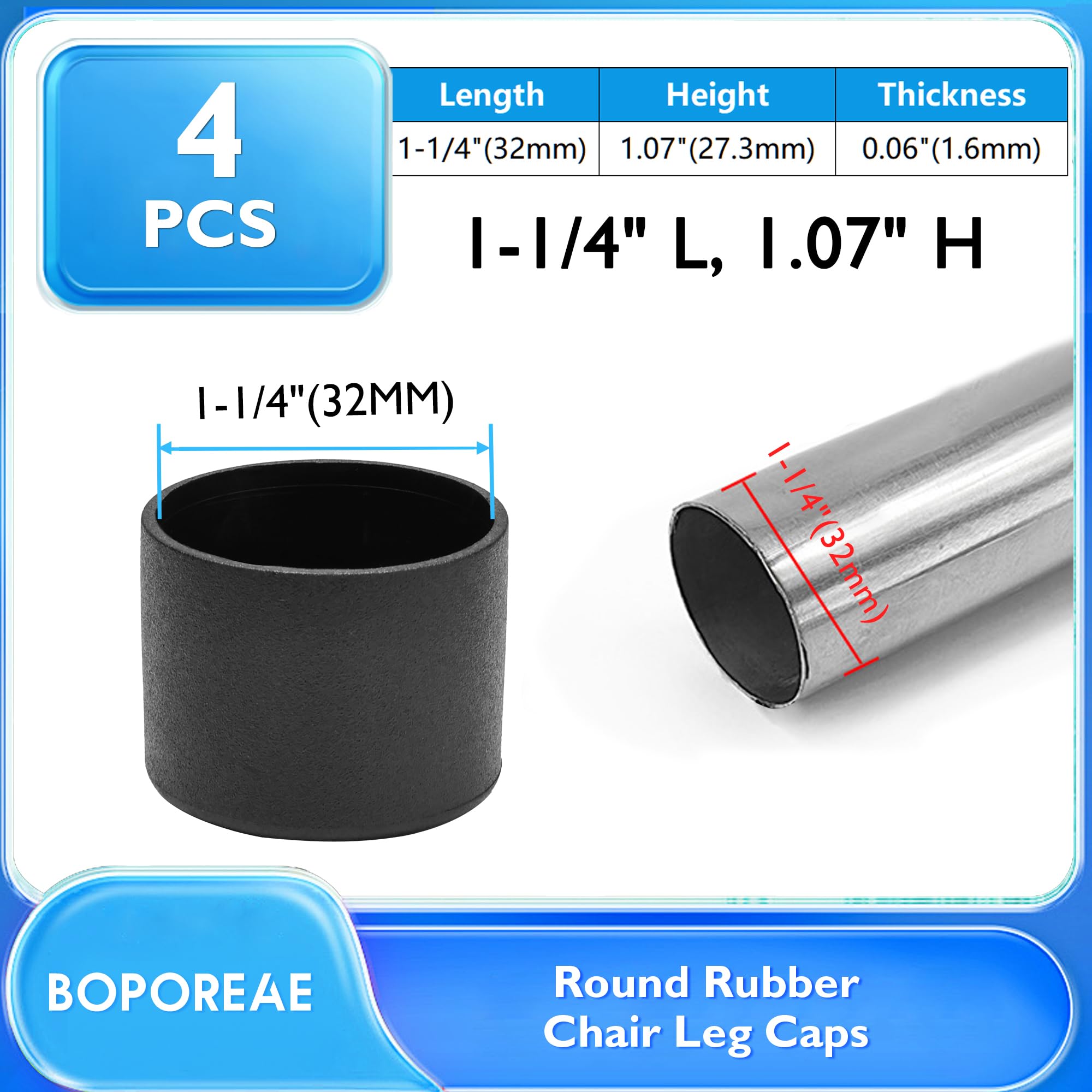4 Pcs 1-1/4" Black Round Rubber Chair Leg Caps (4 Count)