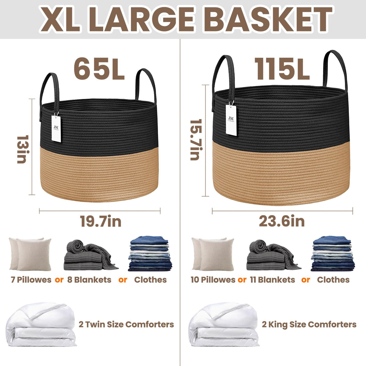 65L Extra Large Machine Washable Cotton Rope Blanket Basket