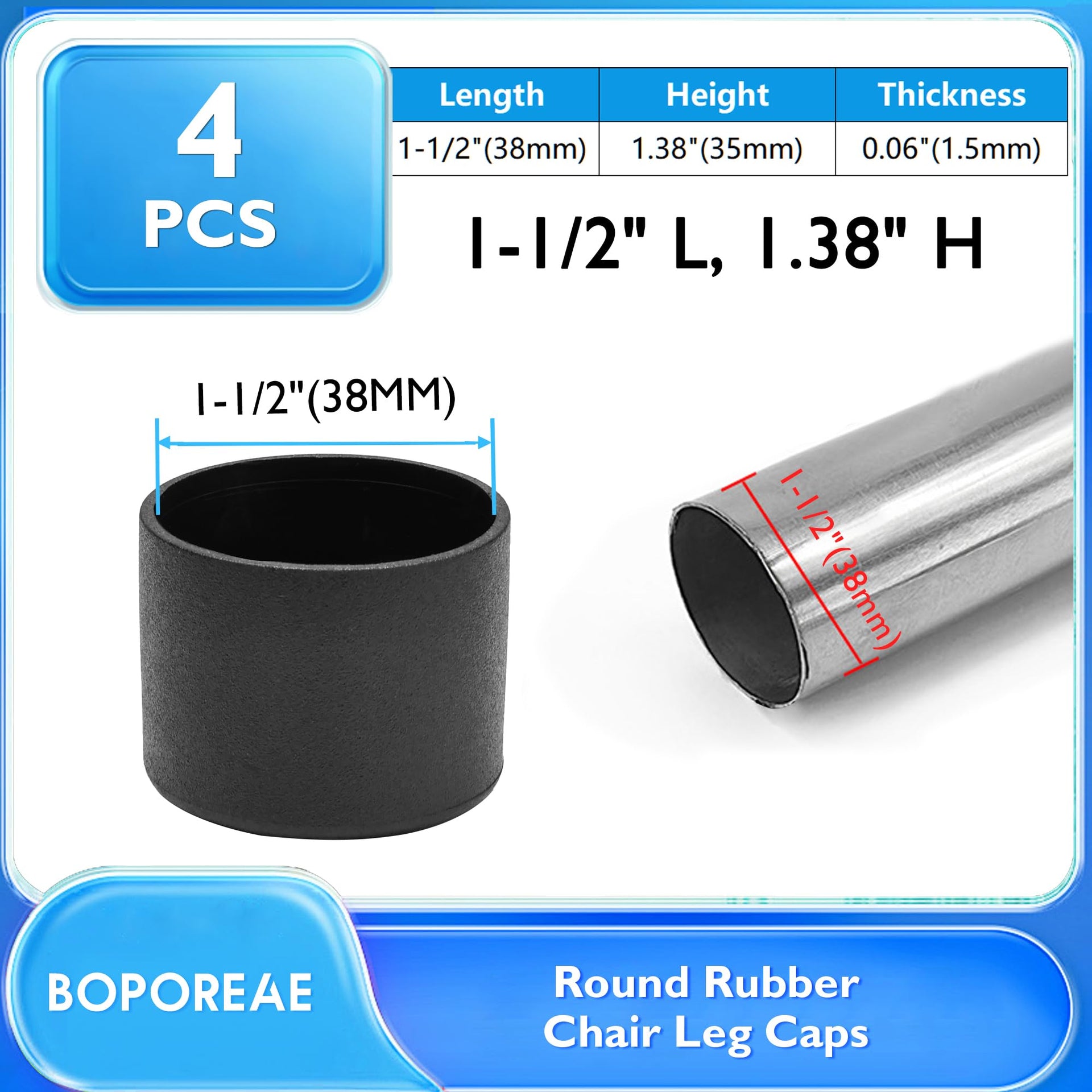 4 Pcs 1-1/2" Black Round Rubber Chair Leg Caps (4 Count)