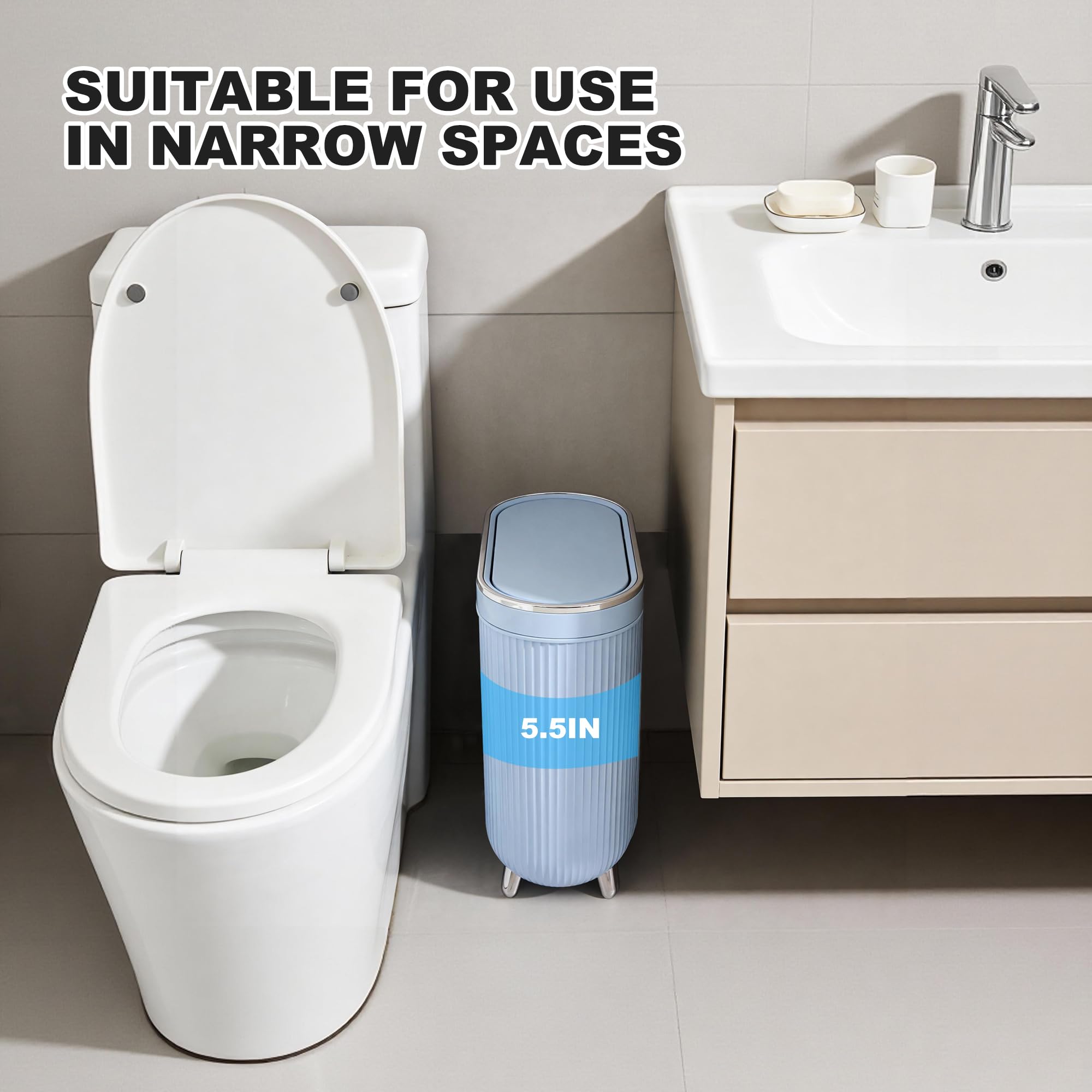Bathroom Trash Can with Lid 3.1 Gallon Narrow Trash Can Small Plastic Trash Bin 12 Liter Rectangular Plastic Garbage Can with Press Type Lid for Bedroom Bathroom