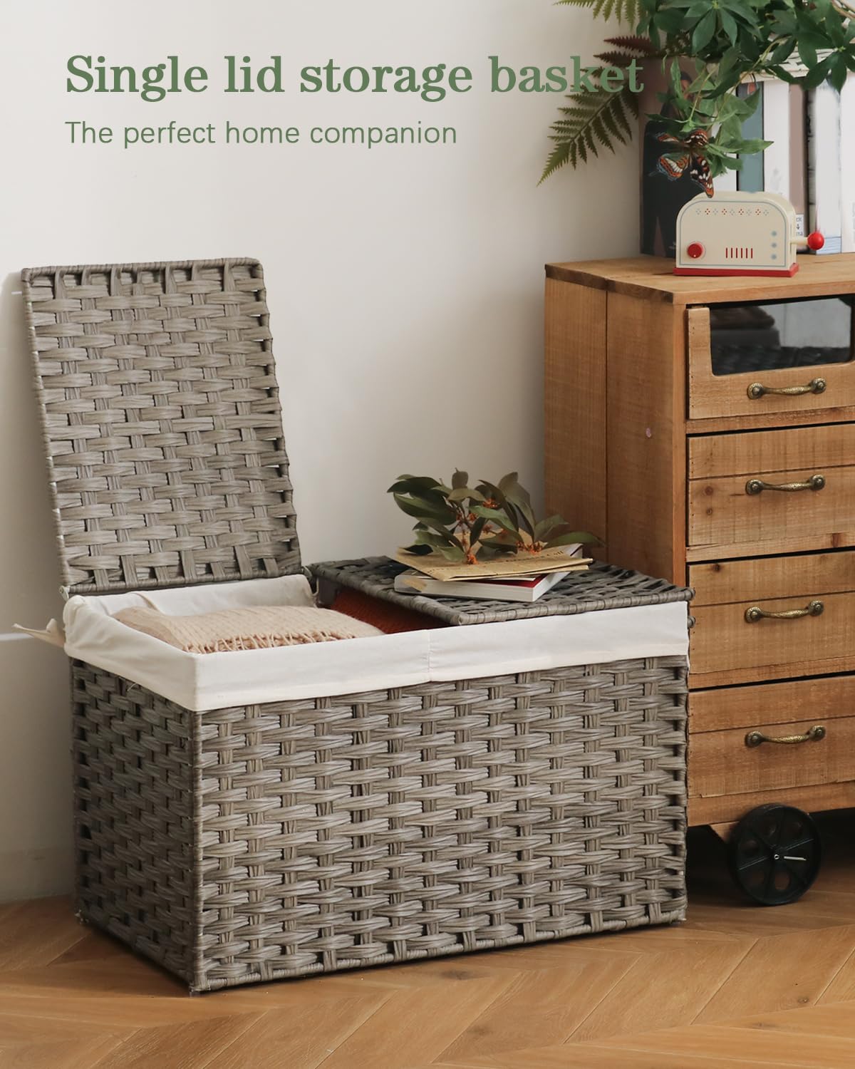 Storage Basket with Lid PE Rattan 27.8 Gal Wicker Chest