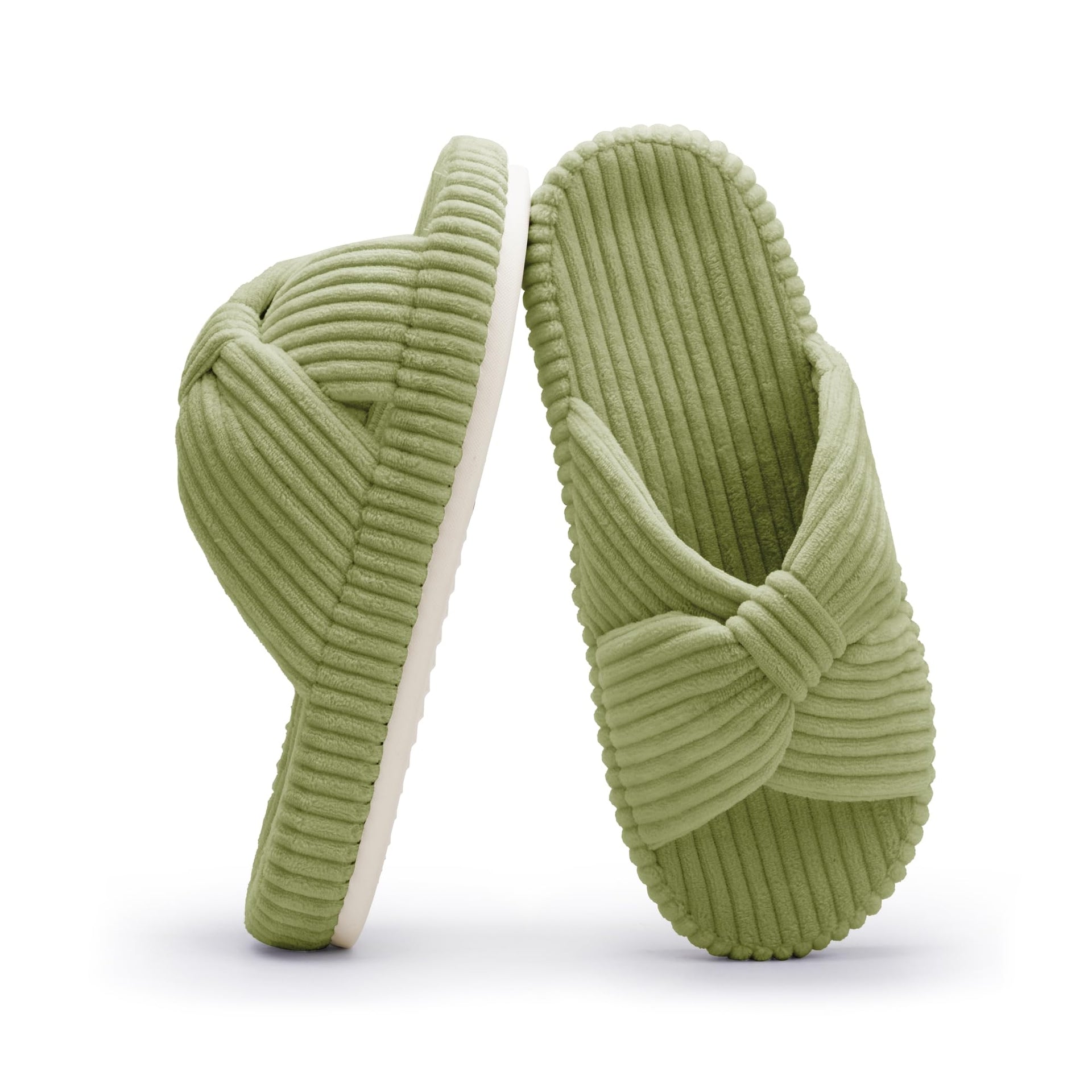 Slippers for Women Memory Foam House Bedroom Corduroy Bow Crossbands Slipper Shoes Comfy Trendy Gift Slippers Avocado Green Size 7 8 6.5