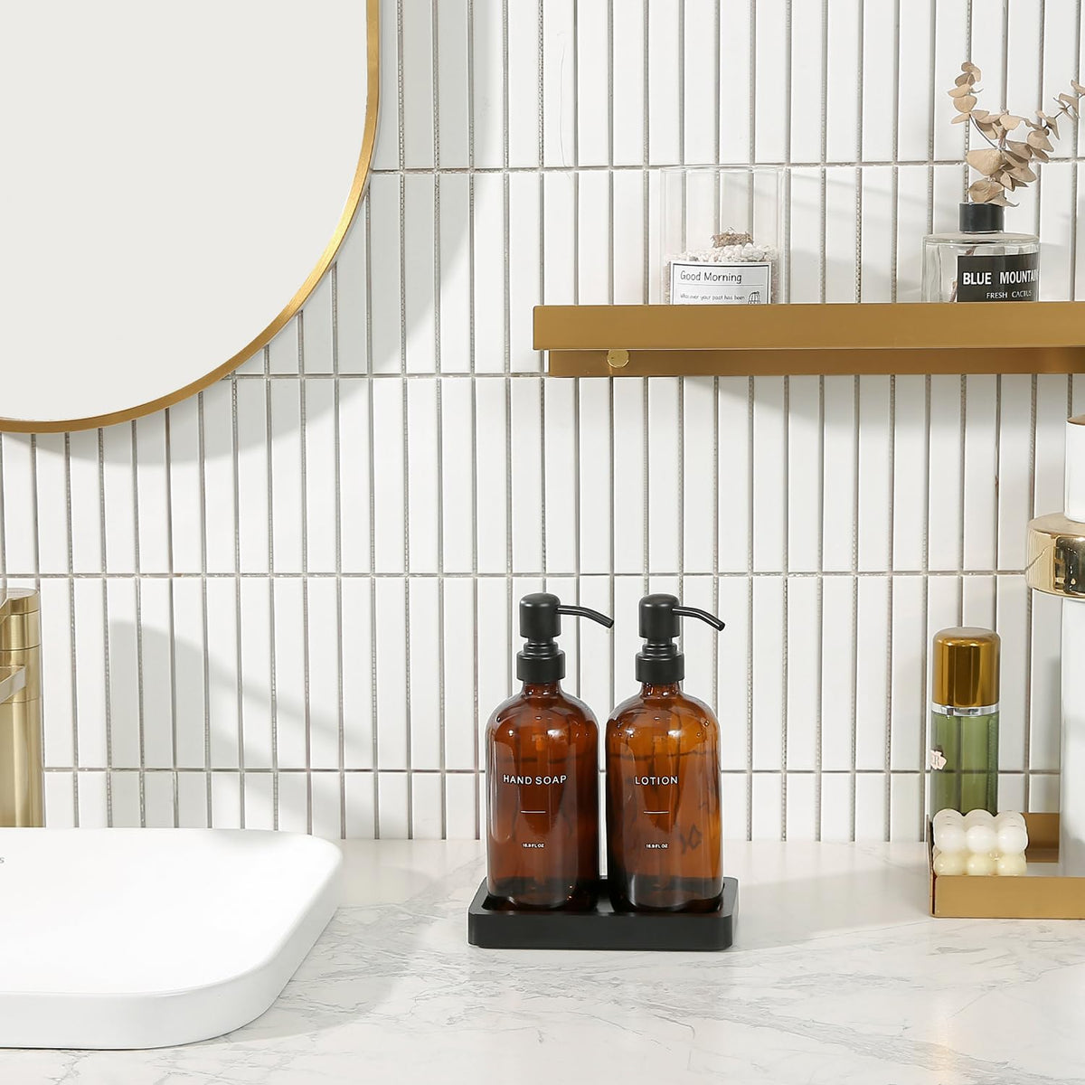 Amber Glass Soap Dispenser Set (2 Count)