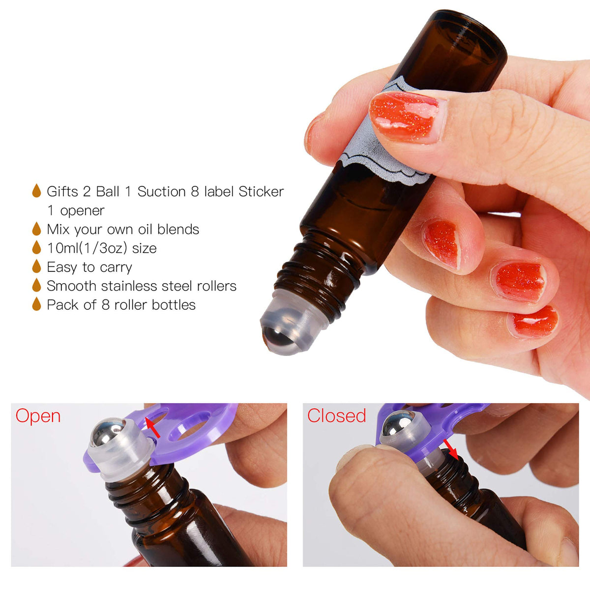 Roll on Bottles 10ml Amber Glass Empty Bottles 8 Piece with Stainless Steel Roller Ball 2 Extra Balls 8 Piece Waterproof Labels 1 Opener and 3ml Dropper for Essential Oils (8 Count)