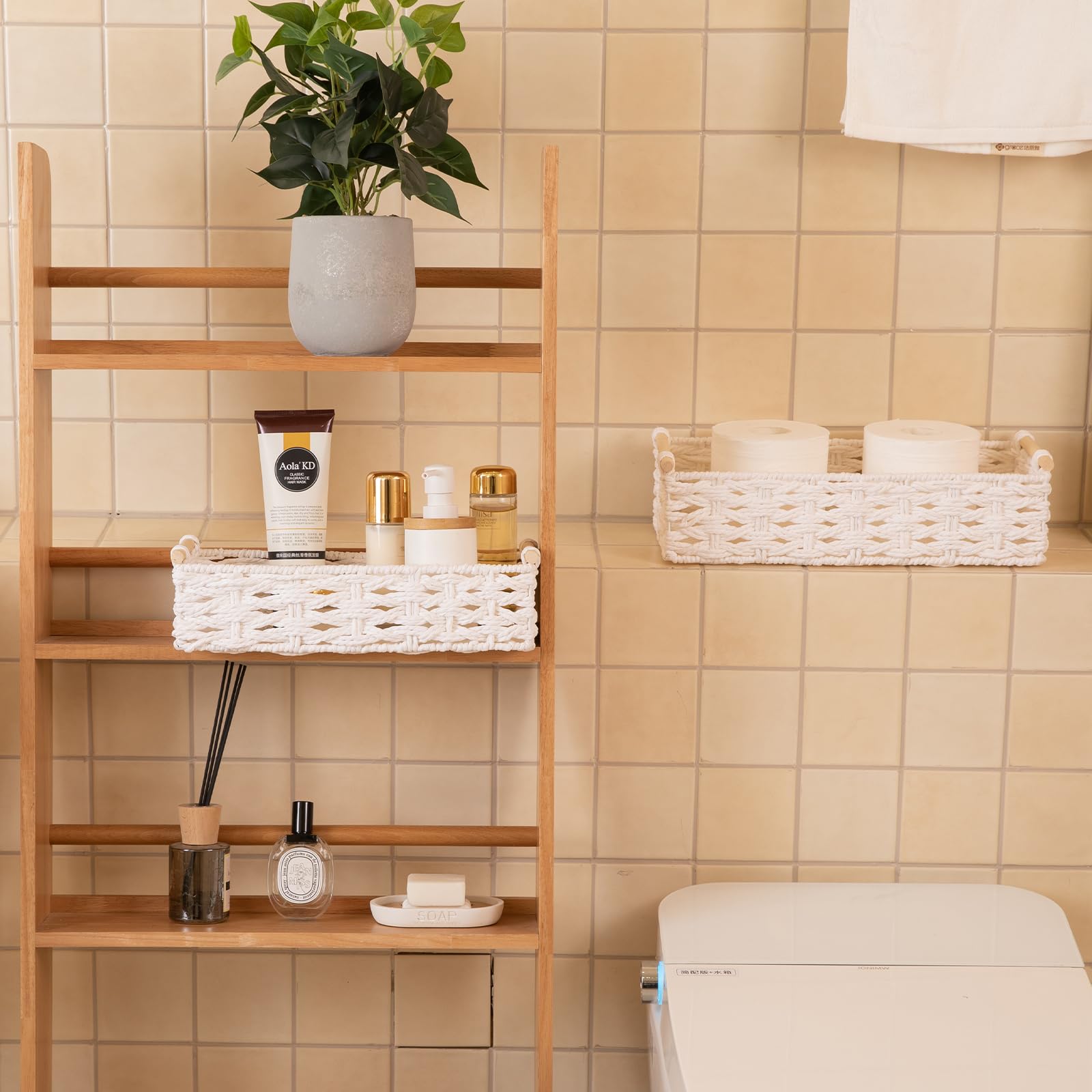 Toilet Paper Baskets Handmade Paper Rope Decorative Wicker Storage Tank Shelf Cabinet Organizer for Bathroom Home (2 Count)