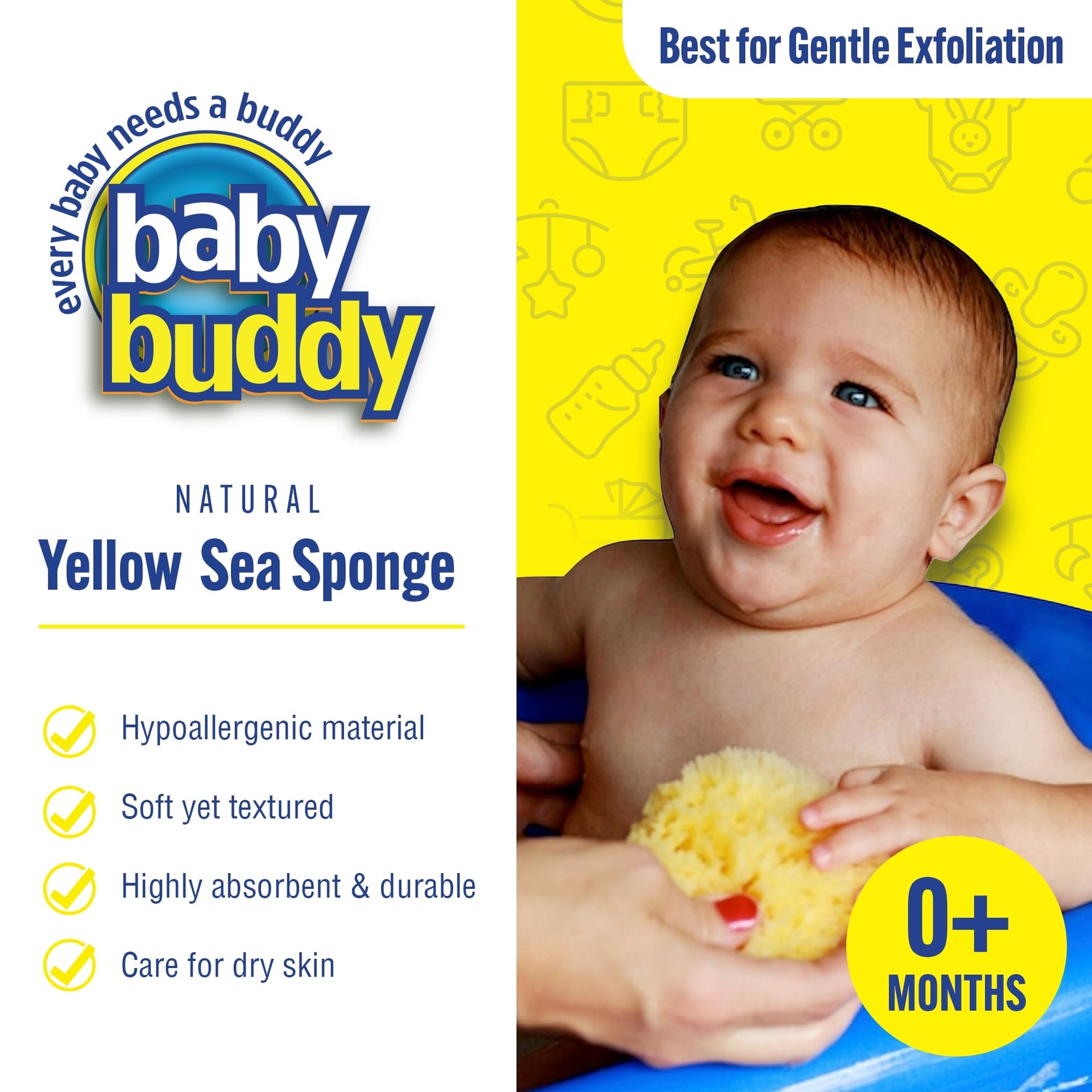 1 Count, 4 Inch) Natural Yellow Sea Bath Sponge, Natural Baby Bath Sponge for Newborns and Kids, Soft When Wet, Absorbent, Biodegradable, Hypoallergenic