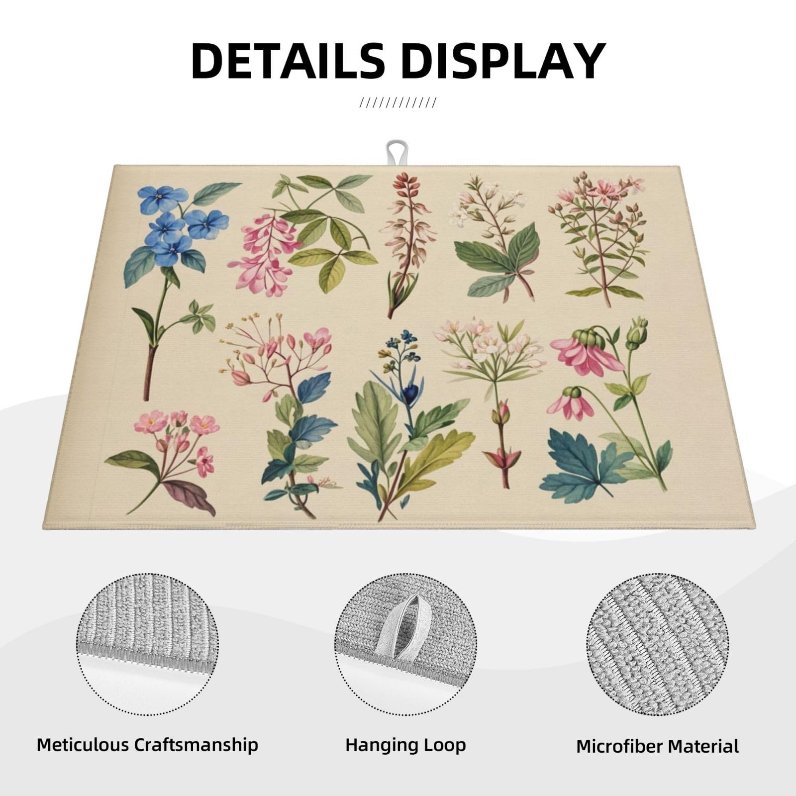 Vintage Plants Herbs Floral Dish Drying Mat Highly Absorbent Double