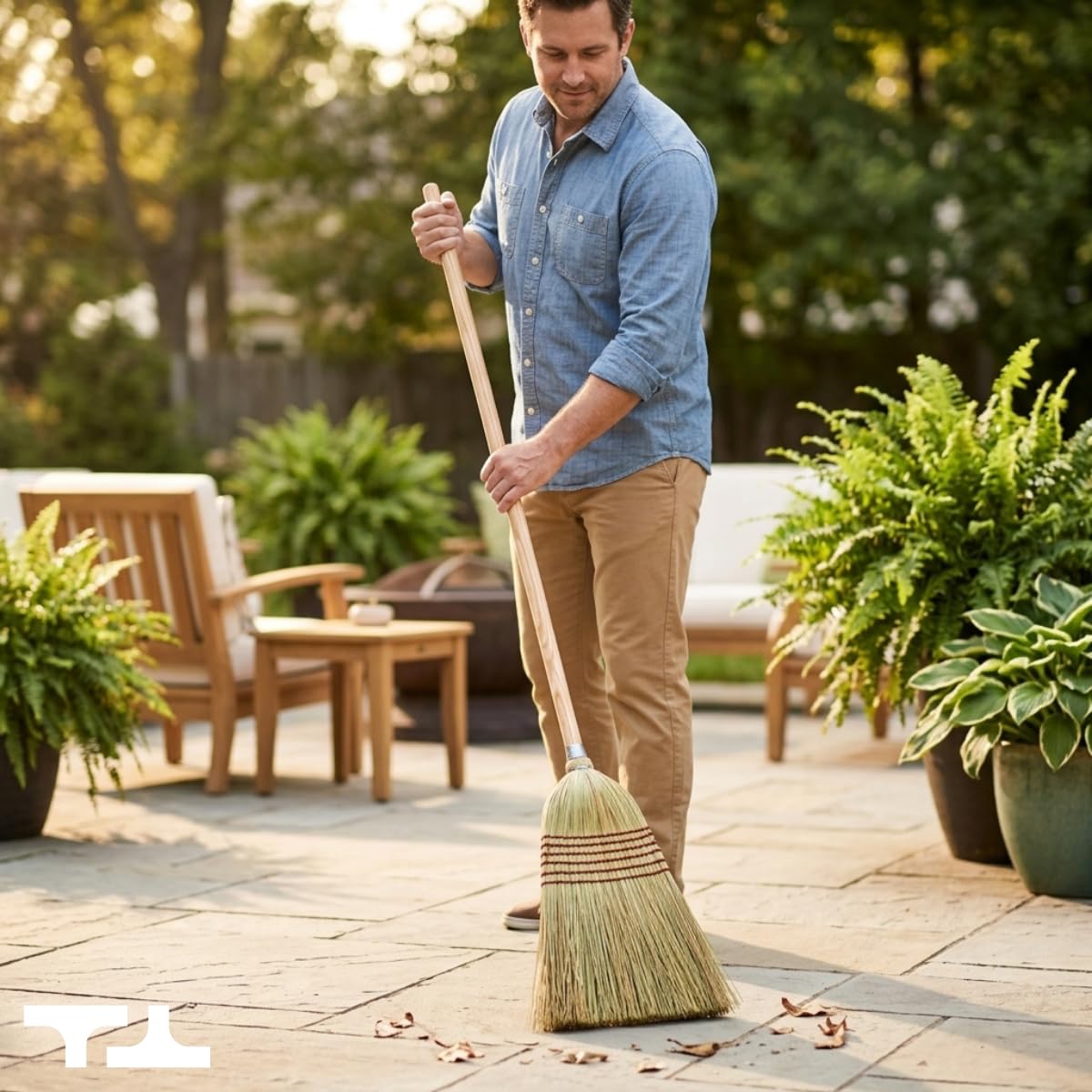 Corn Broom with Wood Handle Heavy Duty Indoor Outdoor Broom