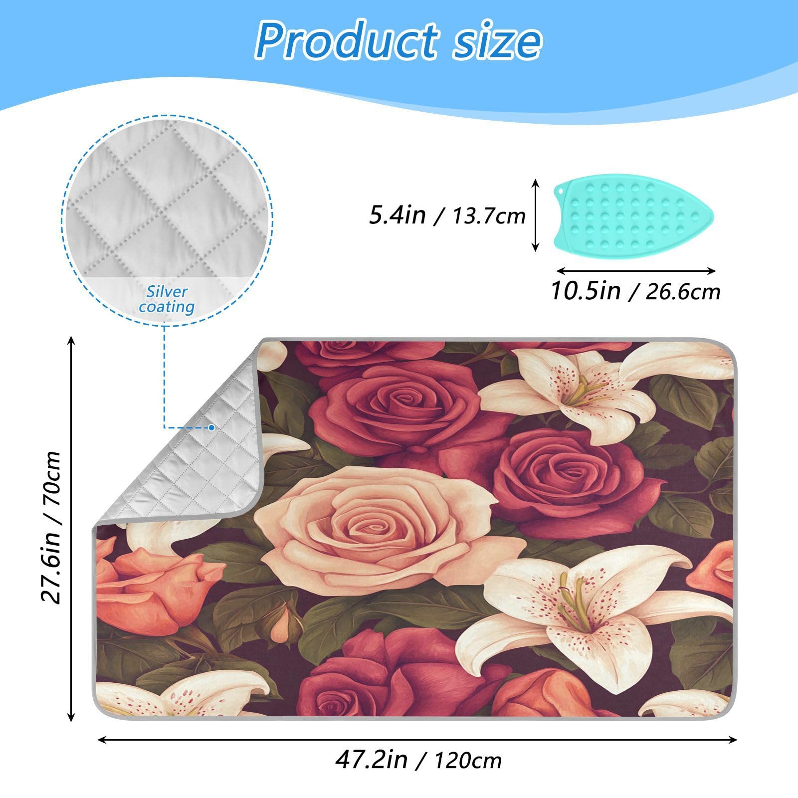Roses and Lily Flowers Ironing Mat Thickened Ironing Blanket Travel Portable Double