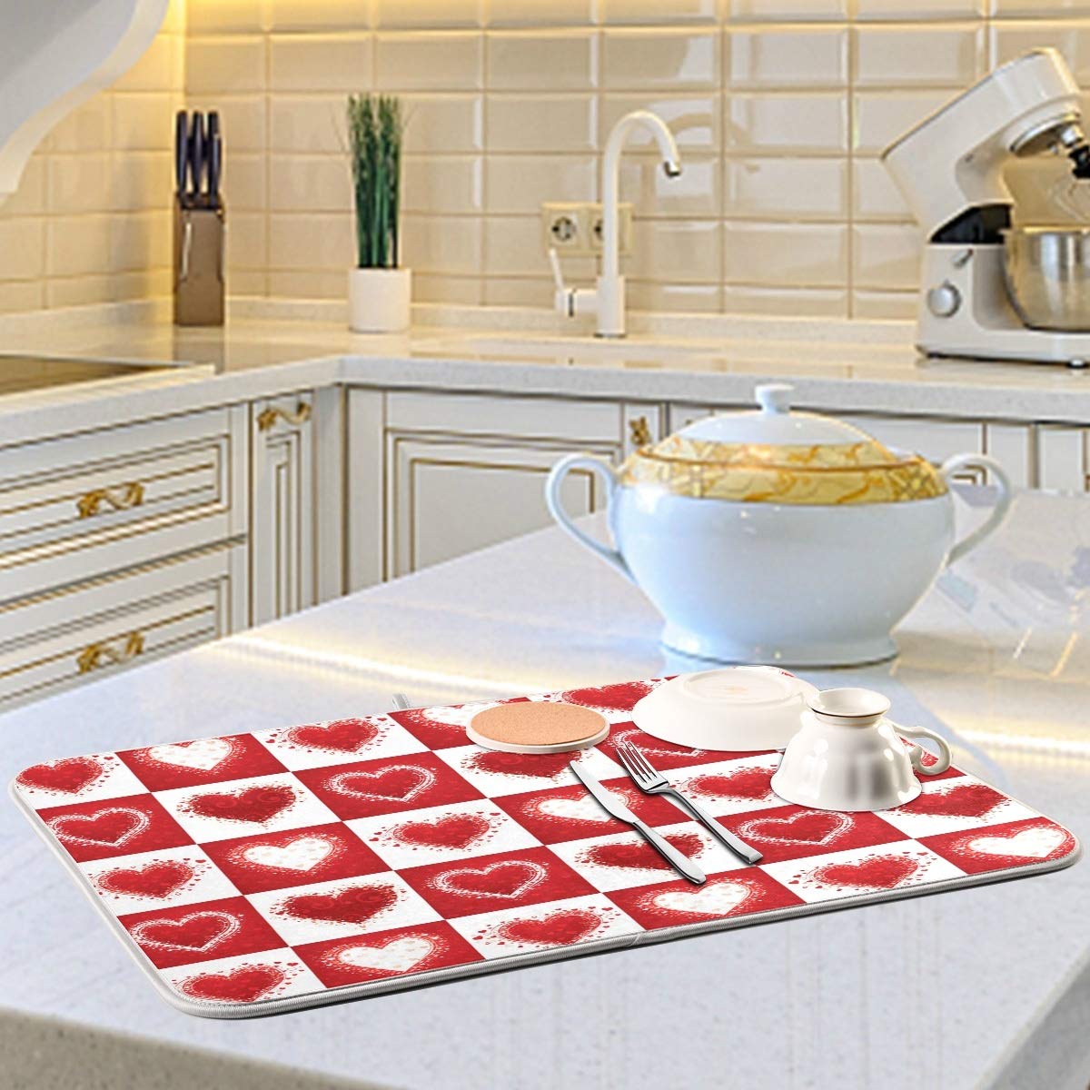 Valentine's Day Love Heart Red Buffalo Plaid Dish Drying Mat 18x24 for Kitchen Mother's Day Rose Pink Flowers Dishes Pad Dish Drainer Rack Mats Absorbent Fast Dry Kitchen Accessories
