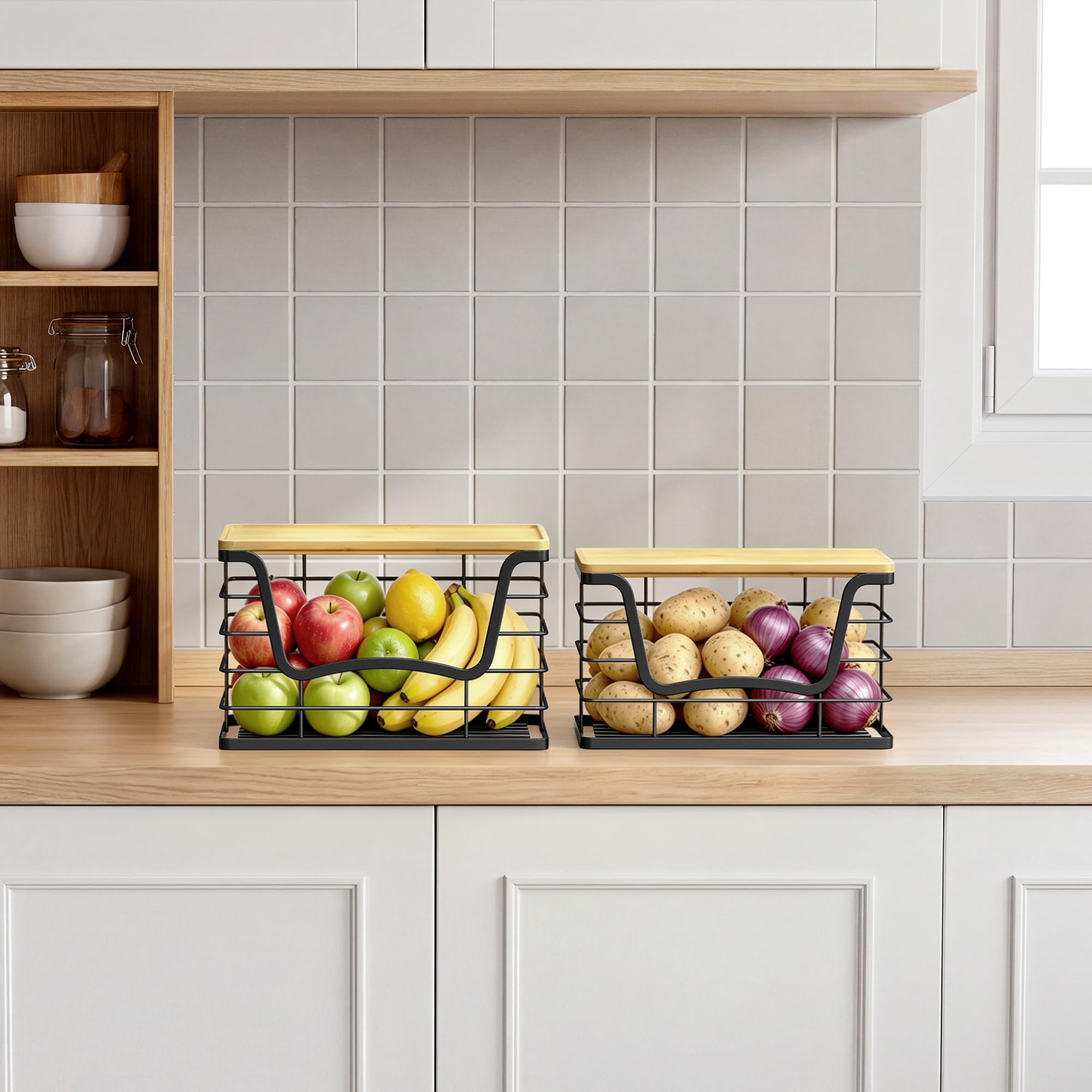 2 Pack Stackable Wire Storage Basket with Bamboo Lid