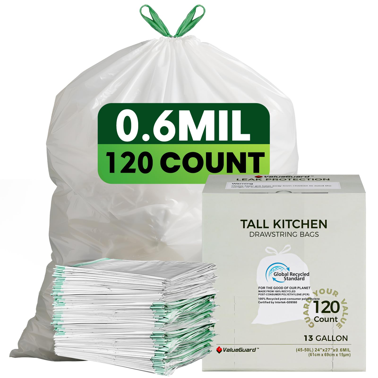 Large Trash Bag 13 Gallon Tall Drawstring 100% Post (120 Count)