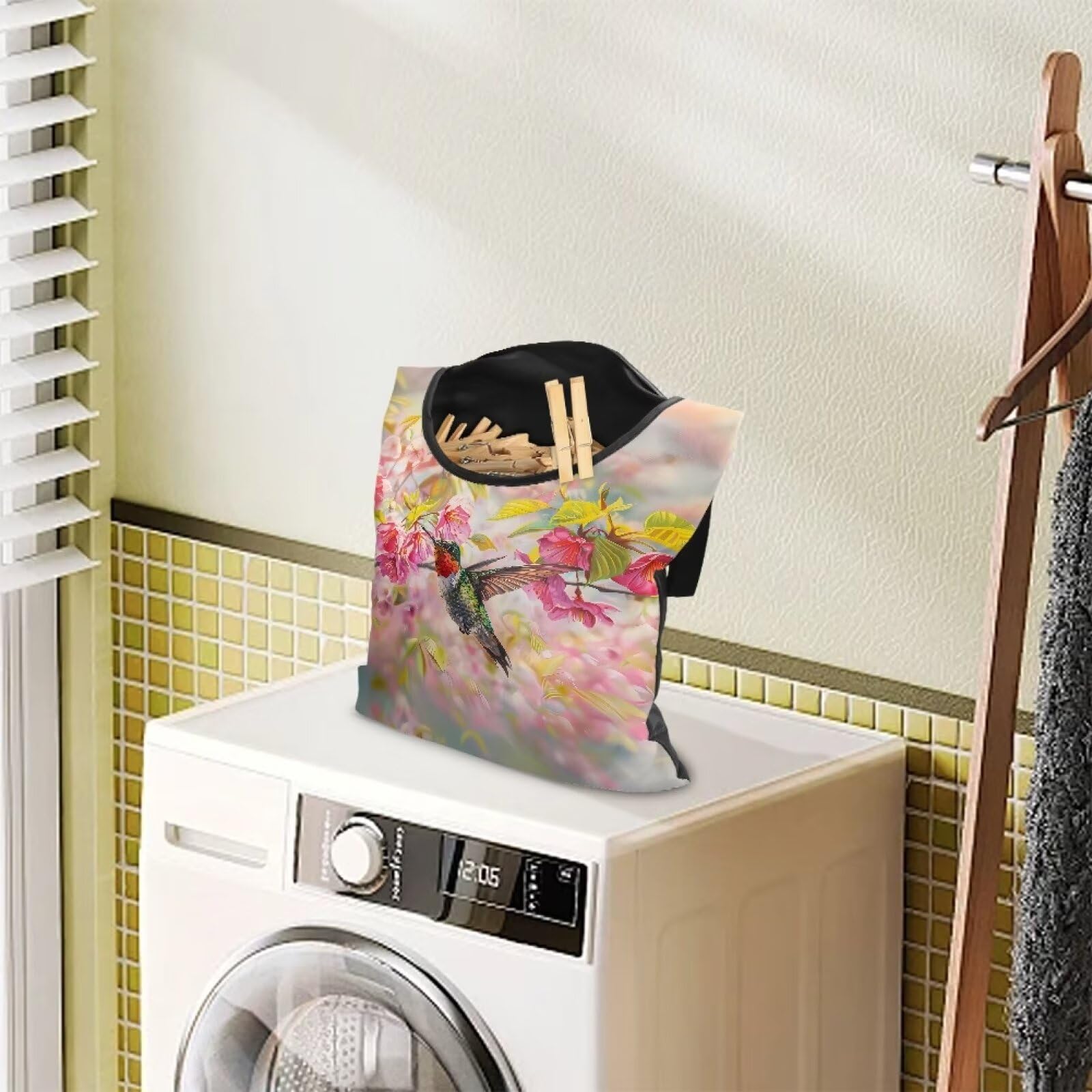 Hummingbird Clothespin Bag with Hanging Rope Cherry Blossom 14.5 x 12 Inch Summer Waterproof Laundry Clothes Pin Holder Clothespin Storage Organizer with Large Opening