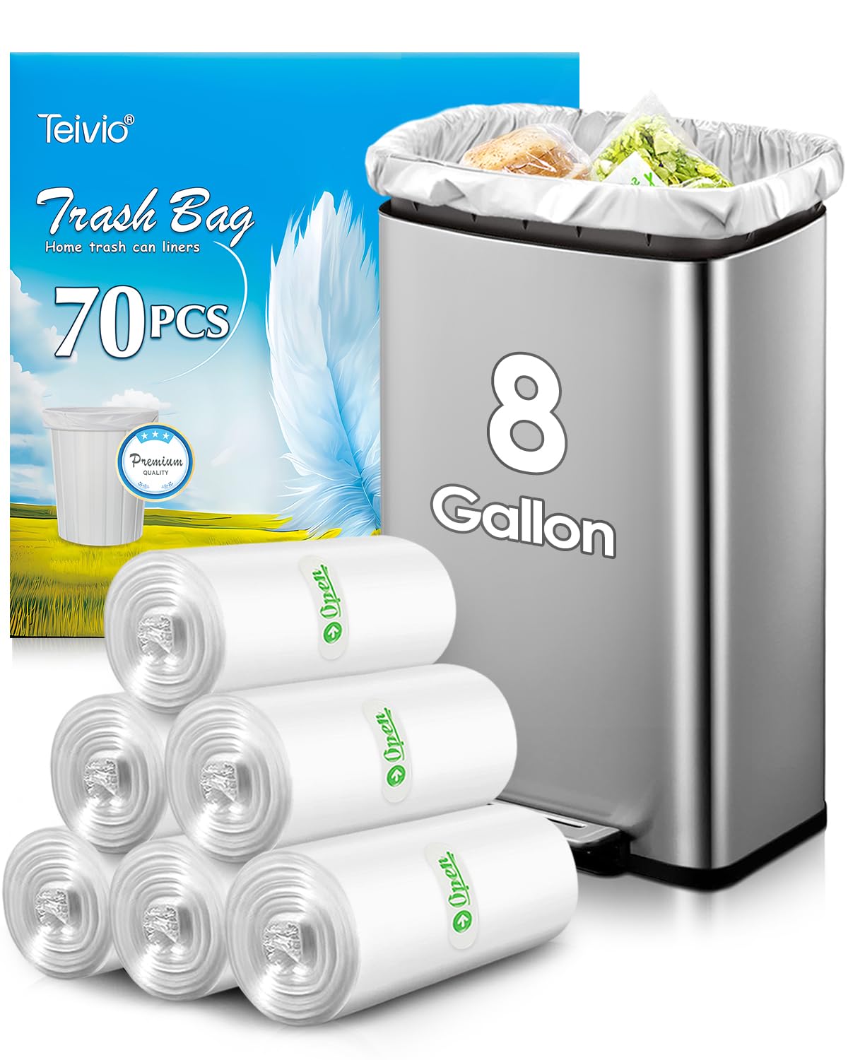 8 Gallon 70 Counts Unscented Medium Trash Bags (80 Count)