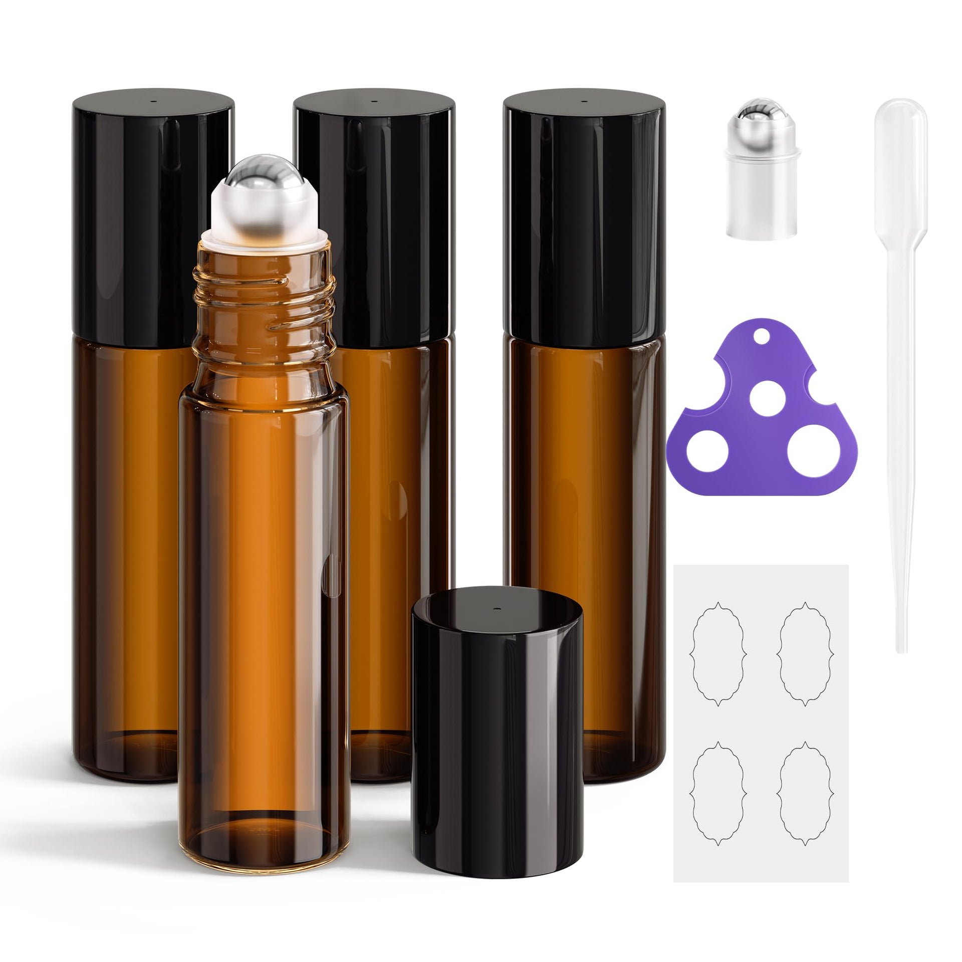 Roll on Bottles 10ml Amber Glass Empty Bottles 4 Piece for Oils (4 Count)