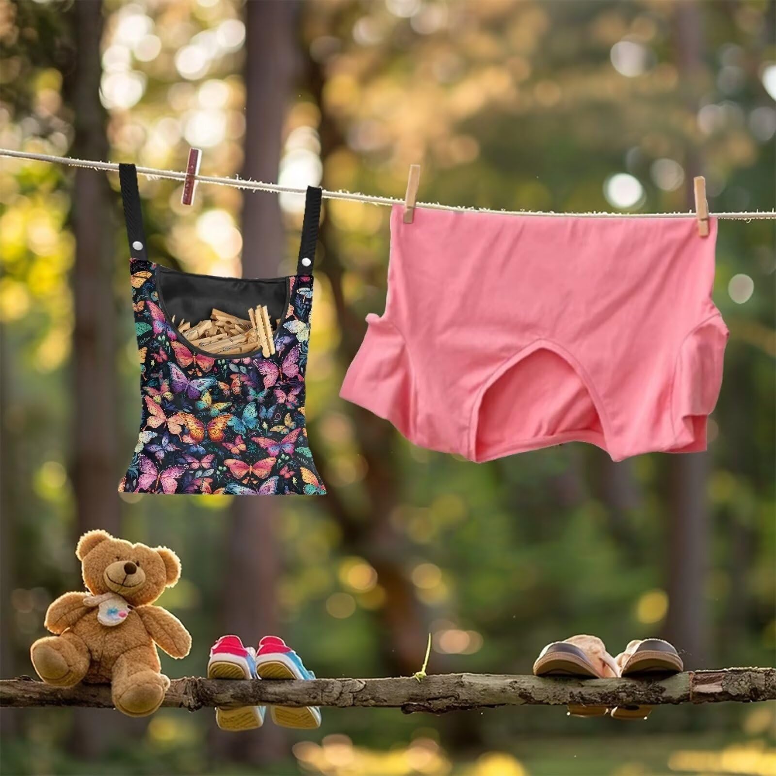 Colorful Butterfly Clothespin Bag with Hanging Hook Summer Laundry Clothes Pin Holder Waterproof Clothes Pin Hanging Bag Clothespin Storage Organizer with Large Opening