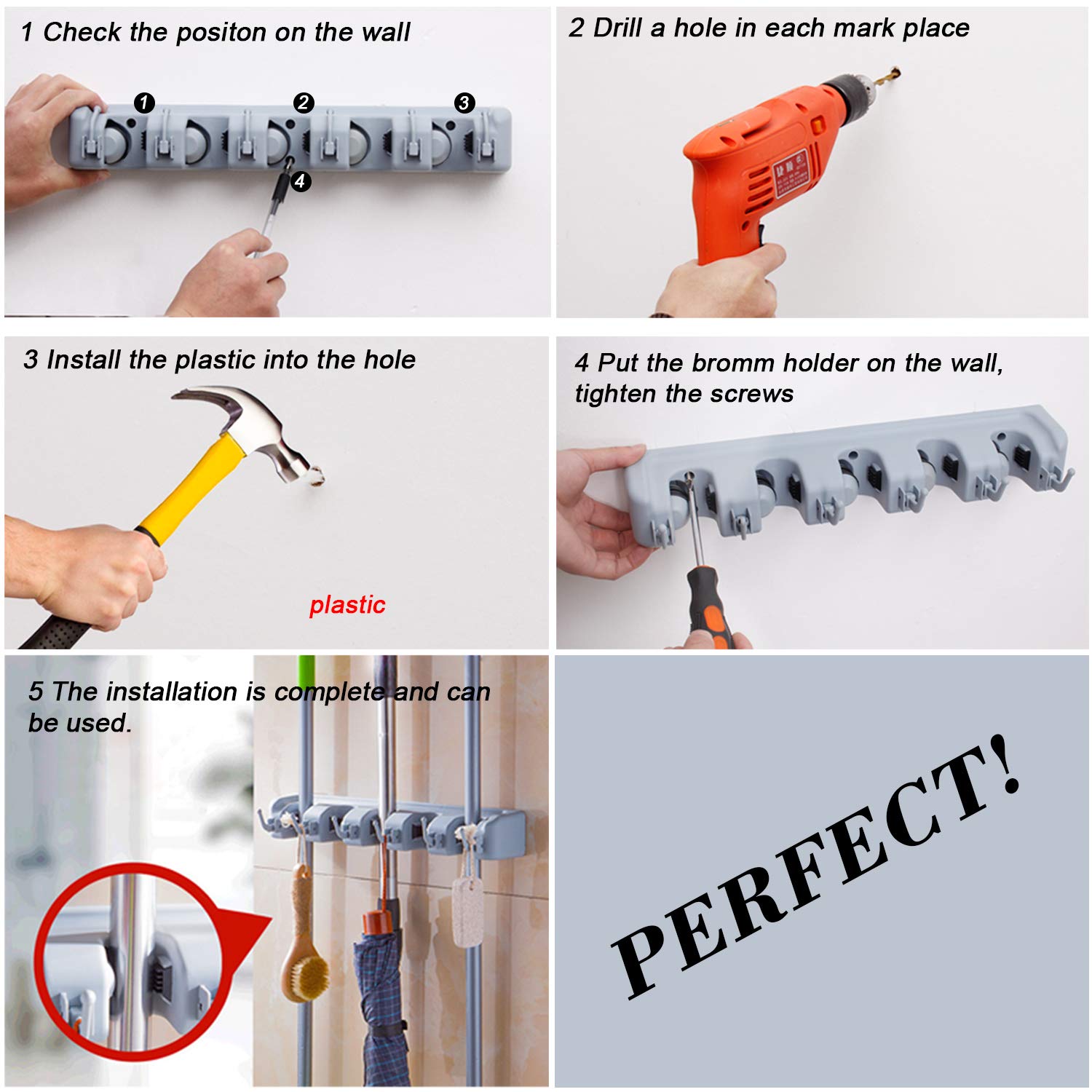 Broom Hanger Wall Mount Broom and Mop Organizer Wall Hanging Garden Tool Organizers Rack Garage Laundry Room Organizations and Storage with Hooks Heavy Duty