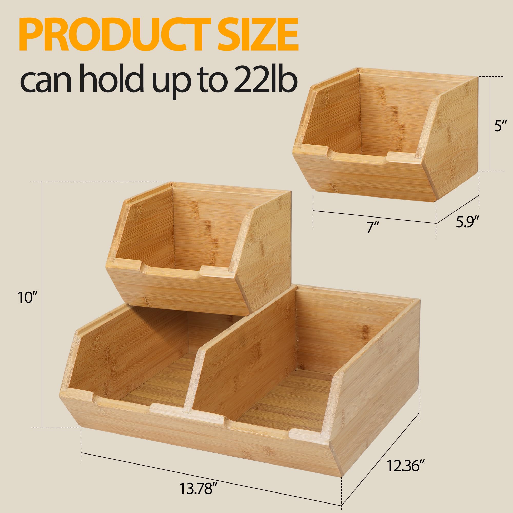 3 Pack Stackable Bamboo Pantry Storage Bins
