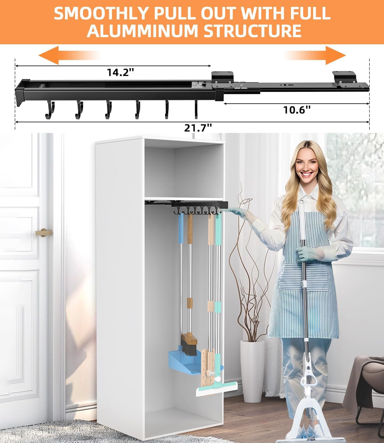 Pull Out Broom Holder With Adjustable Double Row Sliding Hook