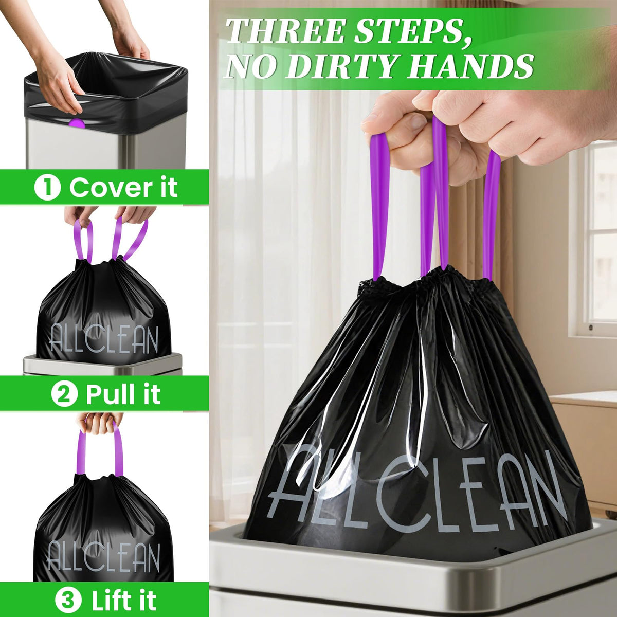 Trash Bags 15 Gallon Tall Kitchen Drawstring Garbage Bag Fit 13 (30 Count)