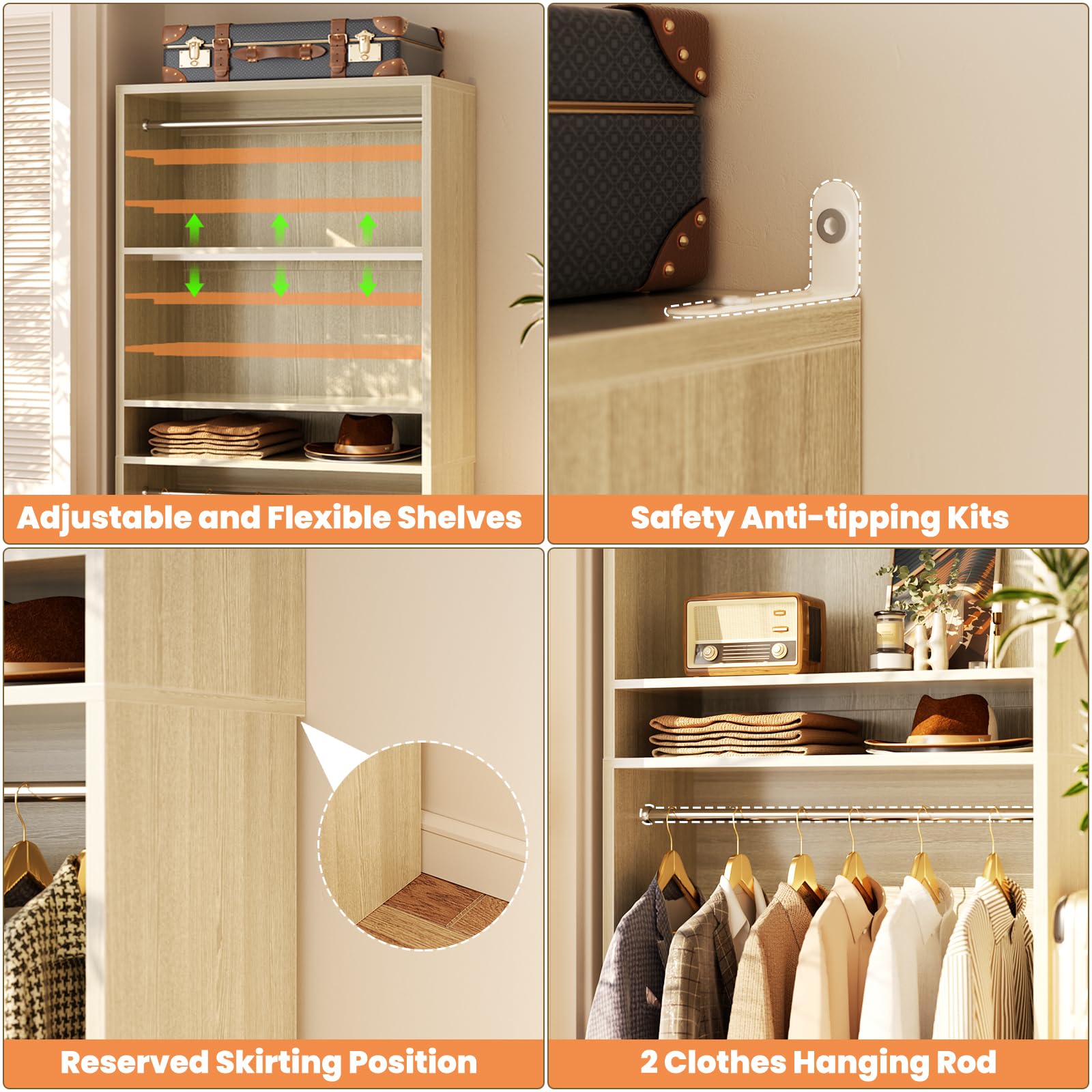 3FT Freestanding Closet System with 2 Hanging Rods & Adjustable Shelve