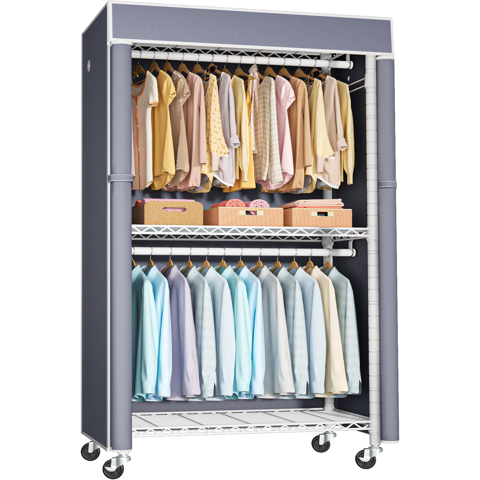 White Clothing Rack with Grey Cover