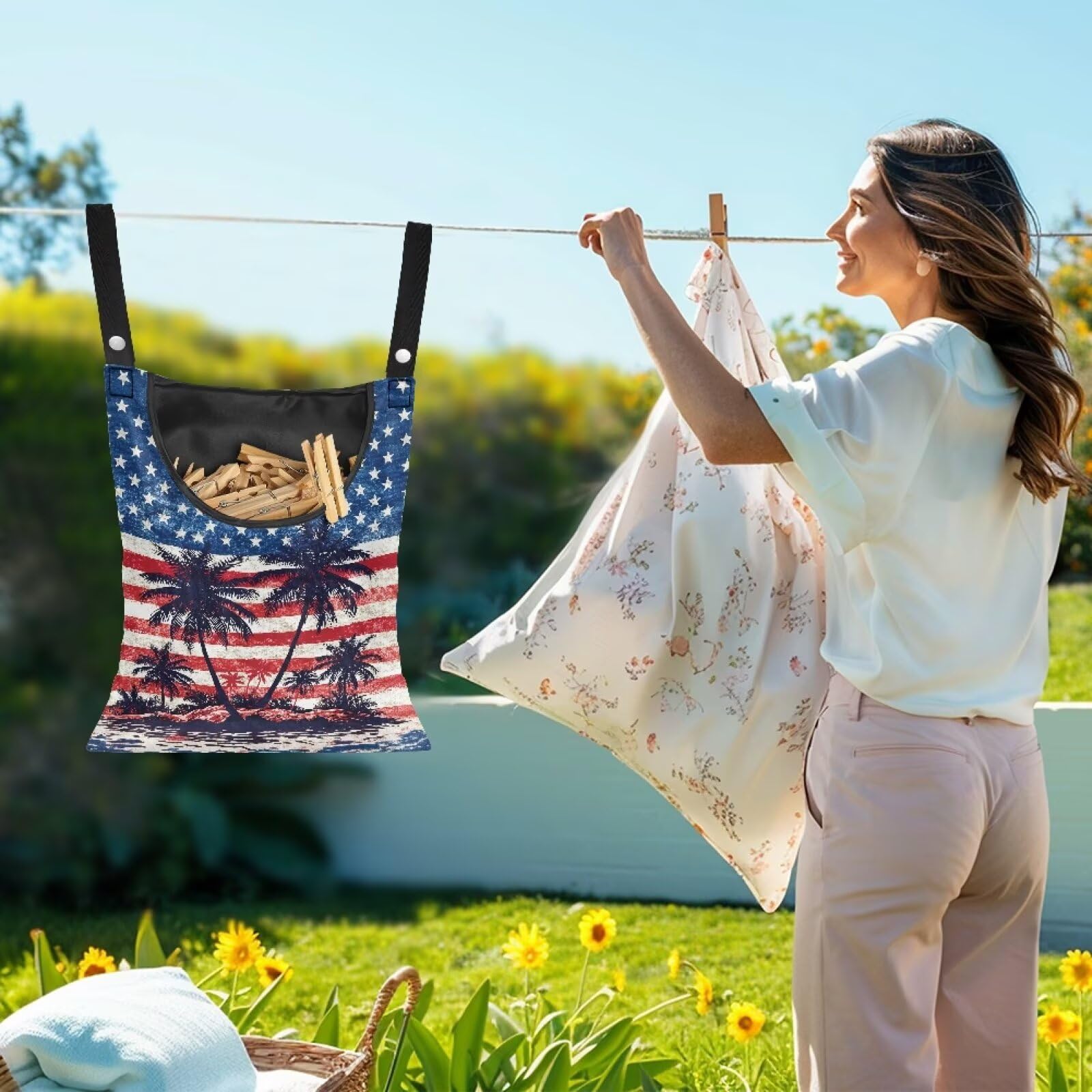 American Flag Clothes Pin Bag to Hang On Line Palm Tree Reusable Clothespin Holder Laundry Room Clothespin Holder with Large Opening Space