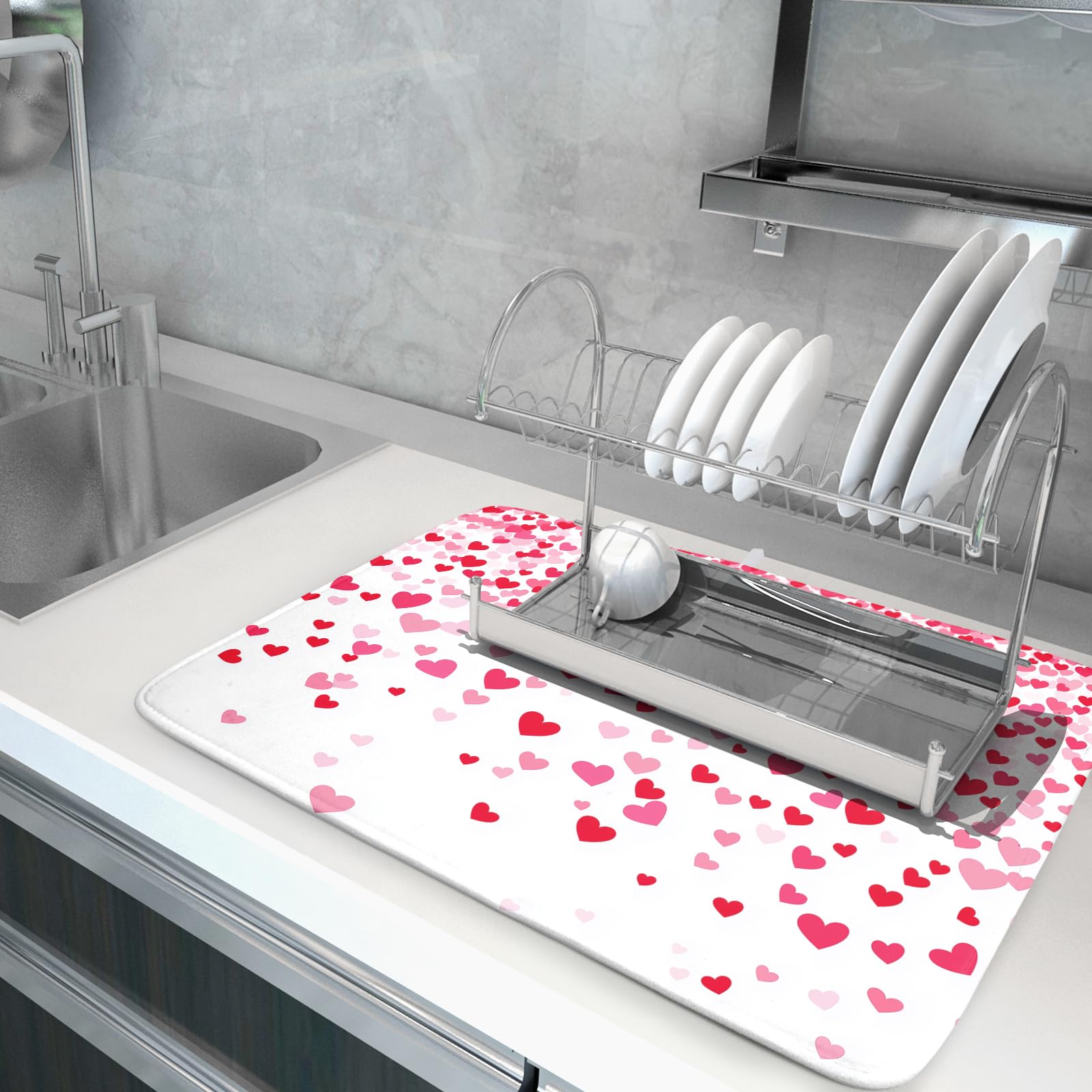 Valentine's Day Dish Drying Mat for Kitchen Counter Love Heart Kitchen Dish Drying Pad 18”x24” Absorbent Reversible Happy Valentine Dishes Drainer Pad Dish Drying Rack Mat for Countertop
