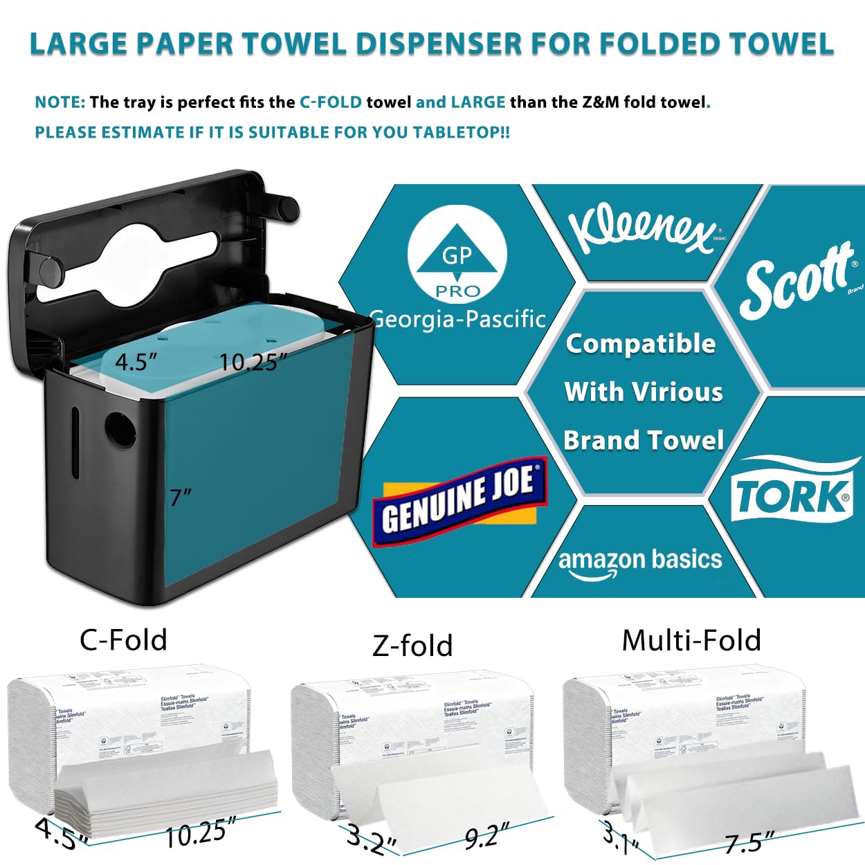 Multifold Paper Towel Dispenser Countertop Black Wide Design Large Capacity