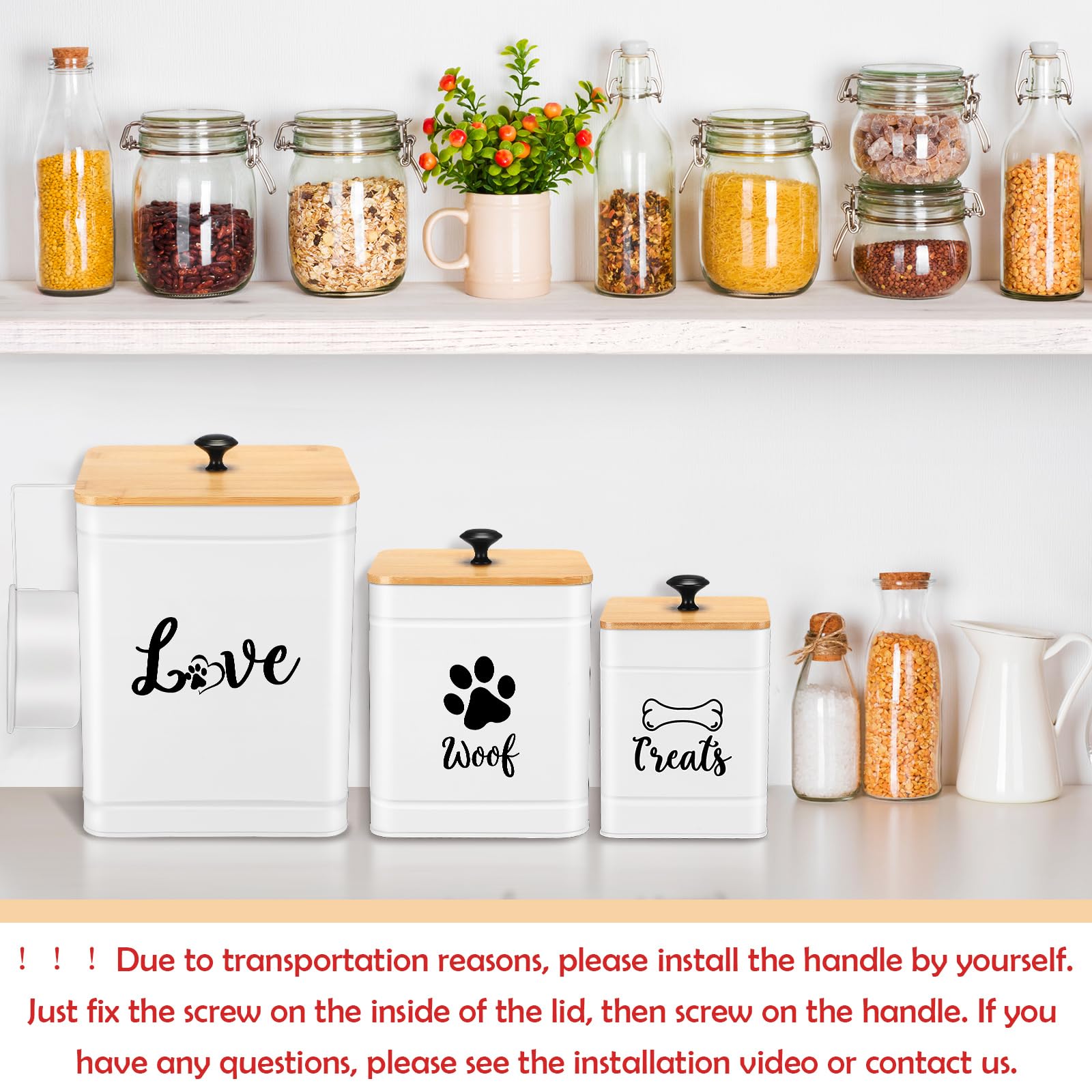 Metal Dog Treat Containers Set of 3 with Bamboo Lids and Spoon Airtight 7+3+2 lbs Dog Food Snack Jars with DIY Labels Big Pet Cookie Storage Jar for Kitchen Counter (3 Count)