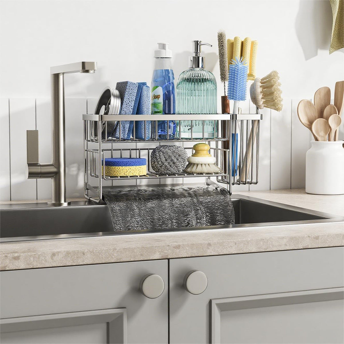 Silver 2 Tier Kitchen Sink Caddy Organzier Rack with Flexible Dish Brush Holder