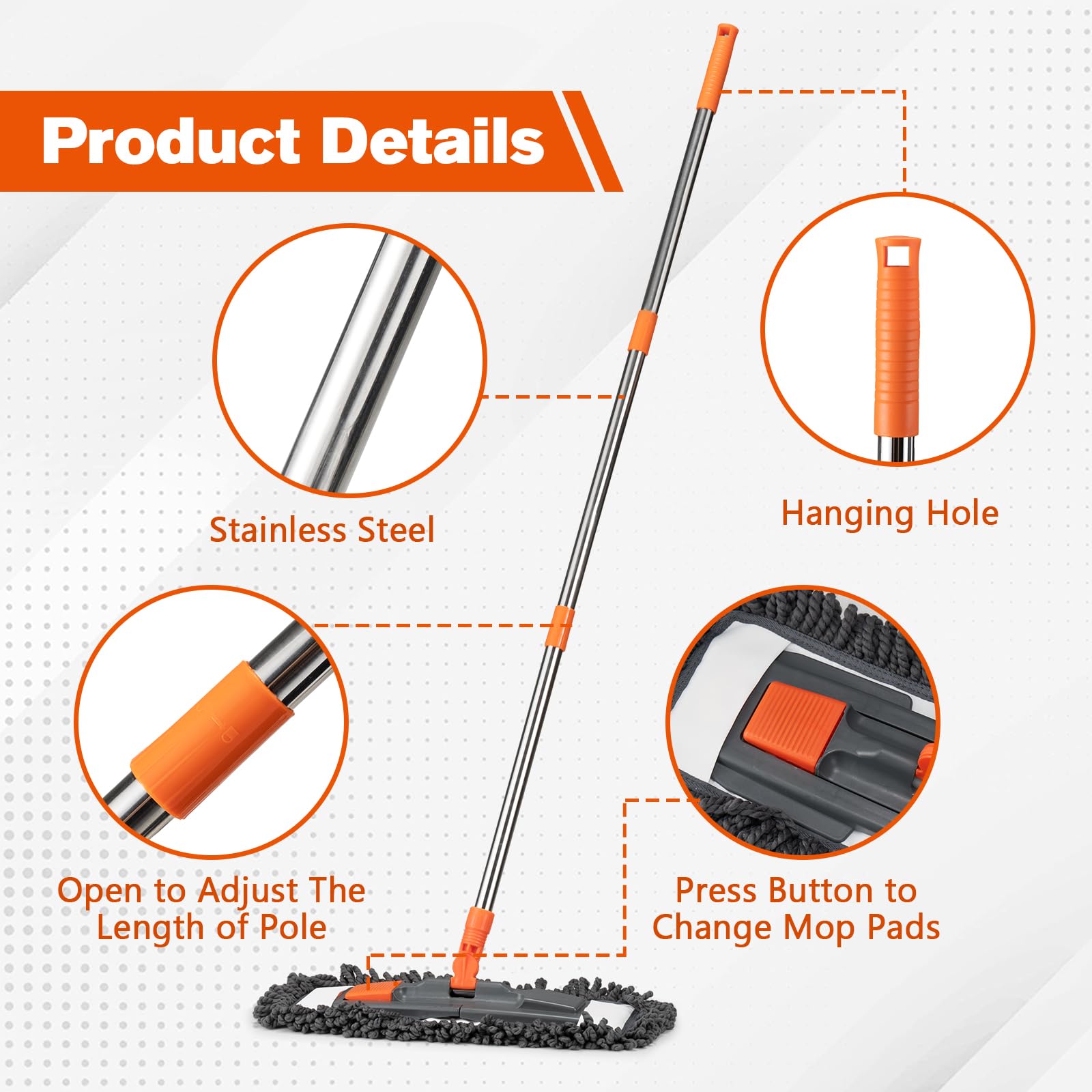 Dust Mop for Floor Cleaning with 3 Washable Pads and 55” Long Stainless Steel Handle - ModHome Supplies